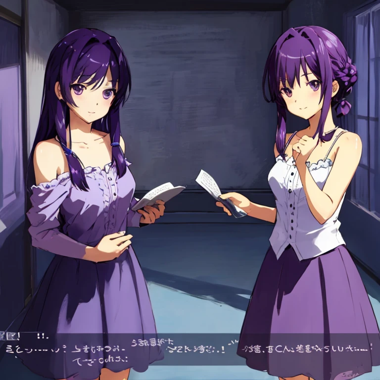 , masterpiece, Highest Quality, Highest Resolution, perfect background, perfect perspective, sharp image, perfect details, perfect lighting, perfect shadows, Perfect lighting, Best background, Visual Novel, dialogue box, text, game, user interface, anime style, 1 girl, purple hair, purple eyes, , blue skirt,