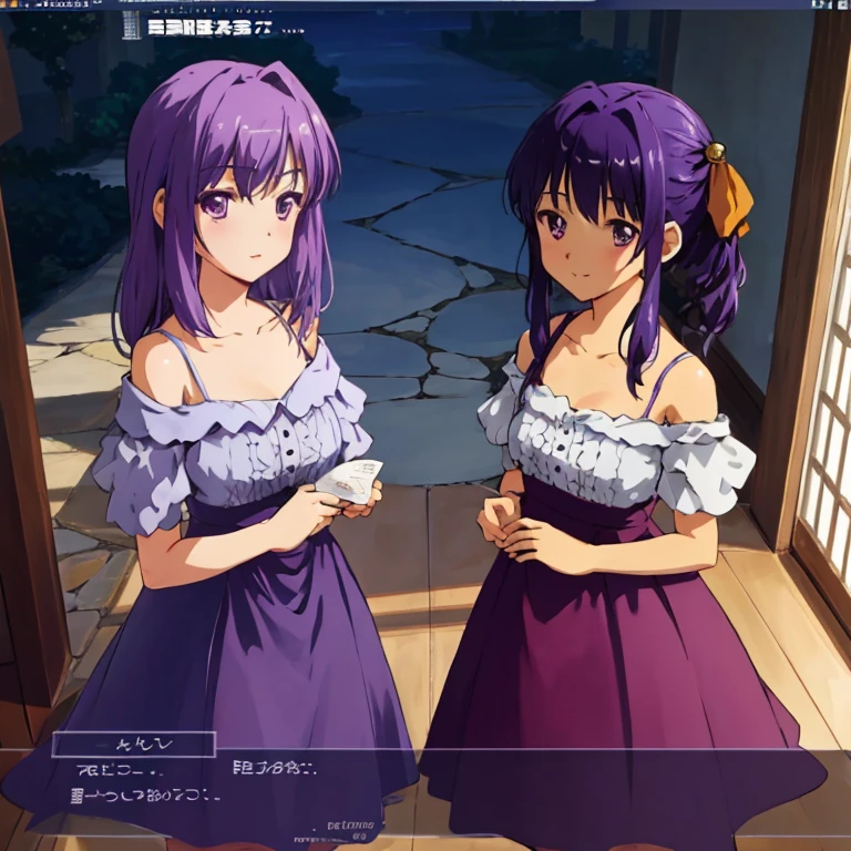 , masterpiece, Highest Quality, Highest Resolution, perfect background, perfect perspective, sharp image, perfect details, perfect lighting, perfect shadows, Perfect lighting, Best background, Visual Novel, dialogue box, text, game, user interface, anime style, 1 girl, purple hair, purple eyes, , blue skirt,