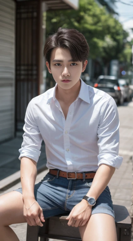young man, handsome,20 years old , Asia,thailand, Blonde, blue eyes, Button-up shirt, Jeans shorts, Ray Tracing, HDR