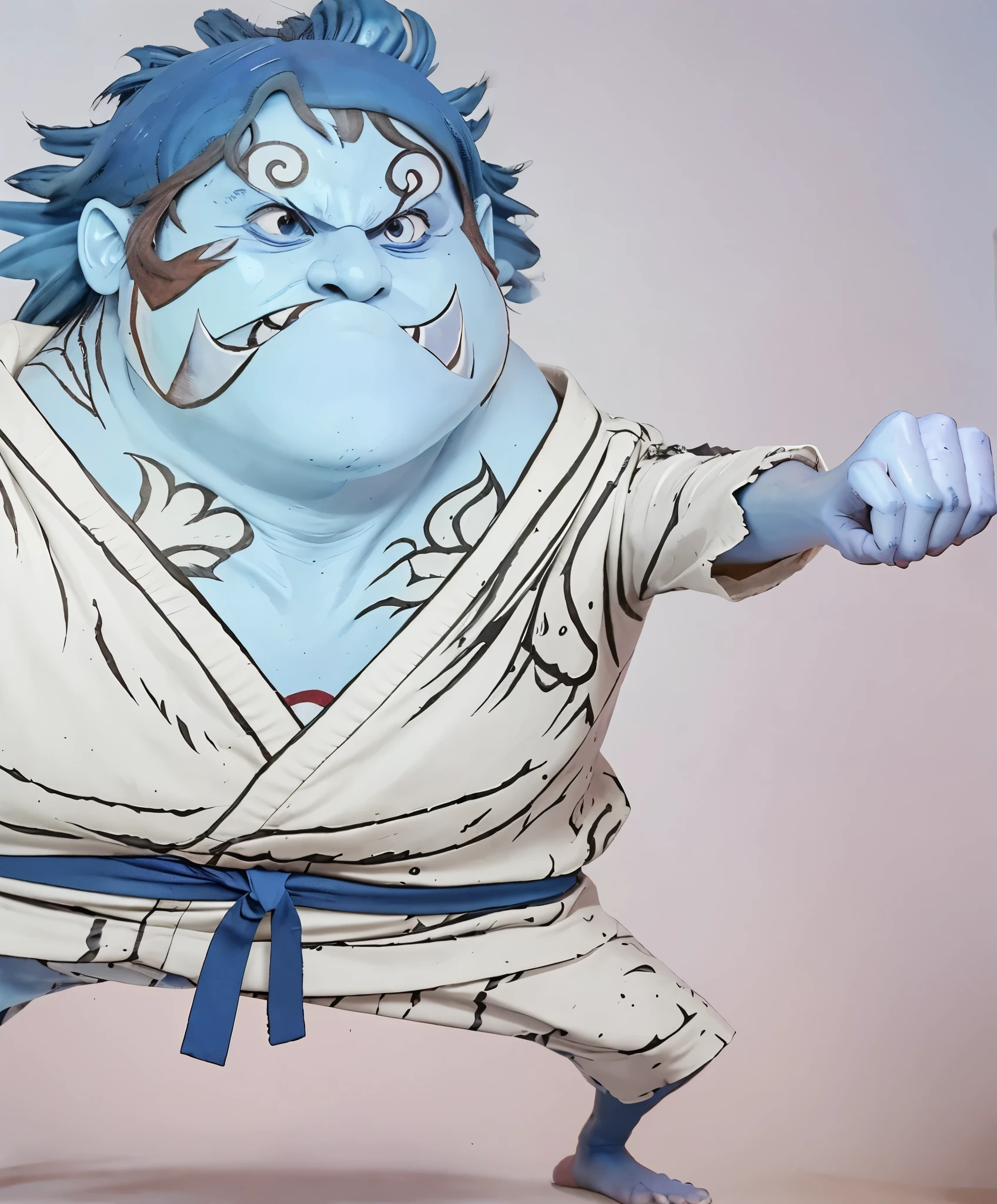 (((Masterpiece))), (((epic realistic))), (((realistic))), (((photorealistic))), (((fish man))), jinbei  from one piece, (((7 years old))), wide curly hair, black beard, fanged teeth, fish man, (((The character's skin is blue:1.7))), wears a kimono, has gills on his neck, wearing white martial arts clothes, (((has 2 big fangs on his teeth))), Behind the character there is a white light, behind the character there is a ping-colored wall, ((((detailed fingers,)))