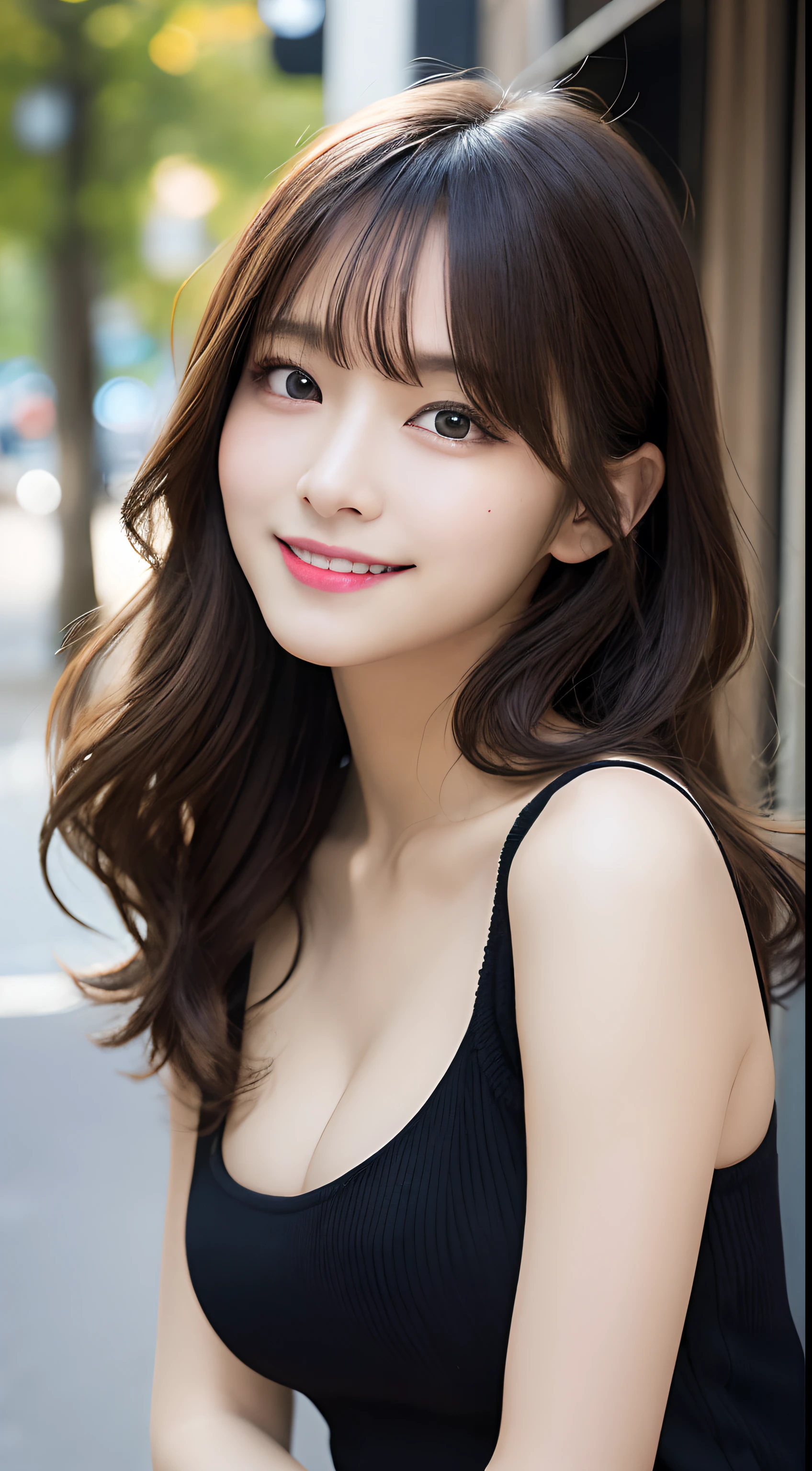 masutepiece, Best Quality, Illustration, Ultra-detailed, finely detail, hight resolution, 8K Wallpaper, Perfect dynamic composition, Beautiful detailed eyes, Women's Fashion Autumn,Medium wavy hair,、Natural Color Lip, Bold sexy poses,Smile,Harajuku、20 years girl、Cute、Sexy shot looking at camera