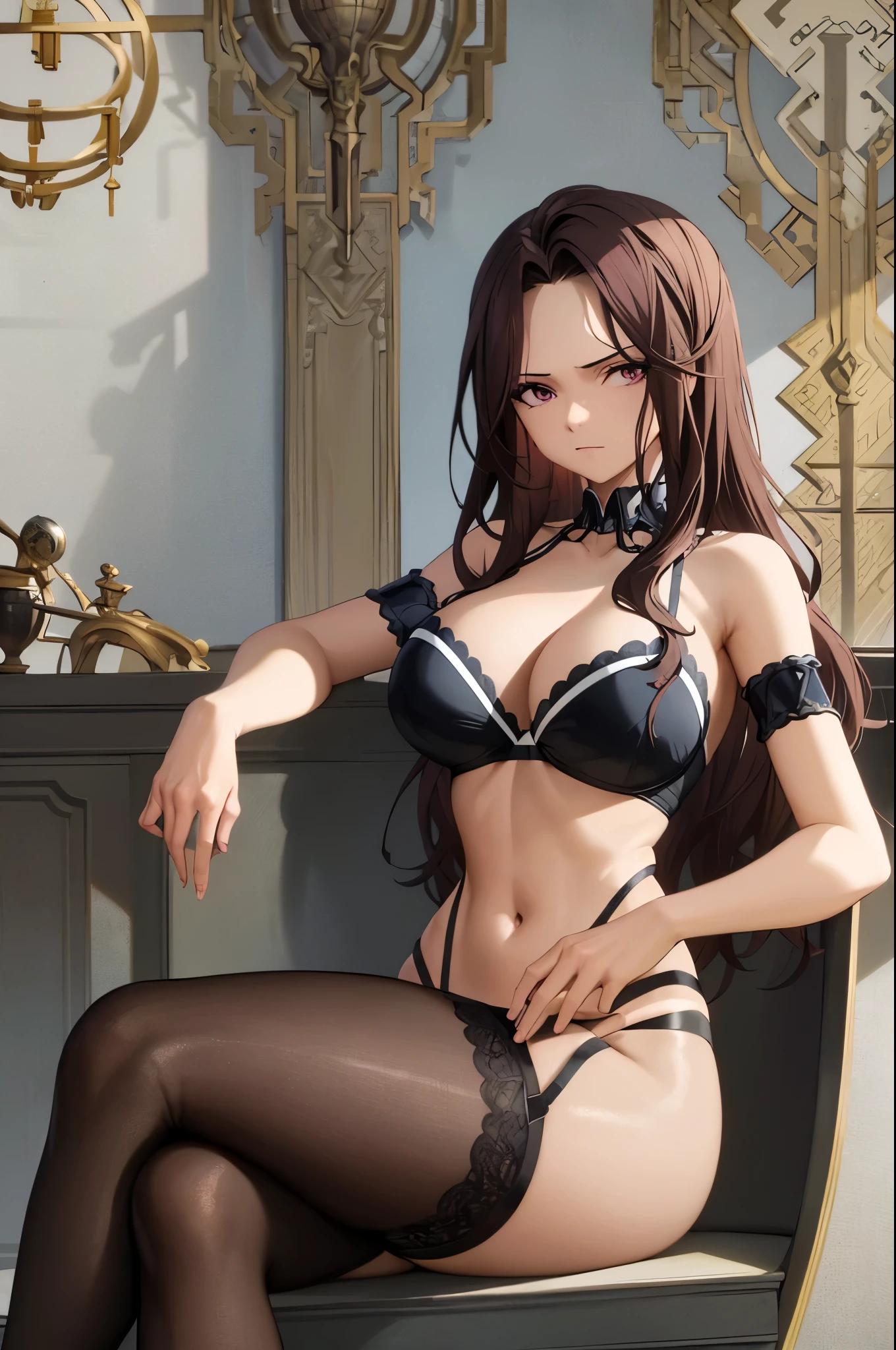 masterpiece, absurdres , (intricate details), (colorful),cinematic lighting,bust shot,extremely detailed CG unity 8k wallpaper, canarnd, 1girl, black corset, lingerie, garter straps,wine,looking at viewer, caustics, sitting, crossed legs, bed, window