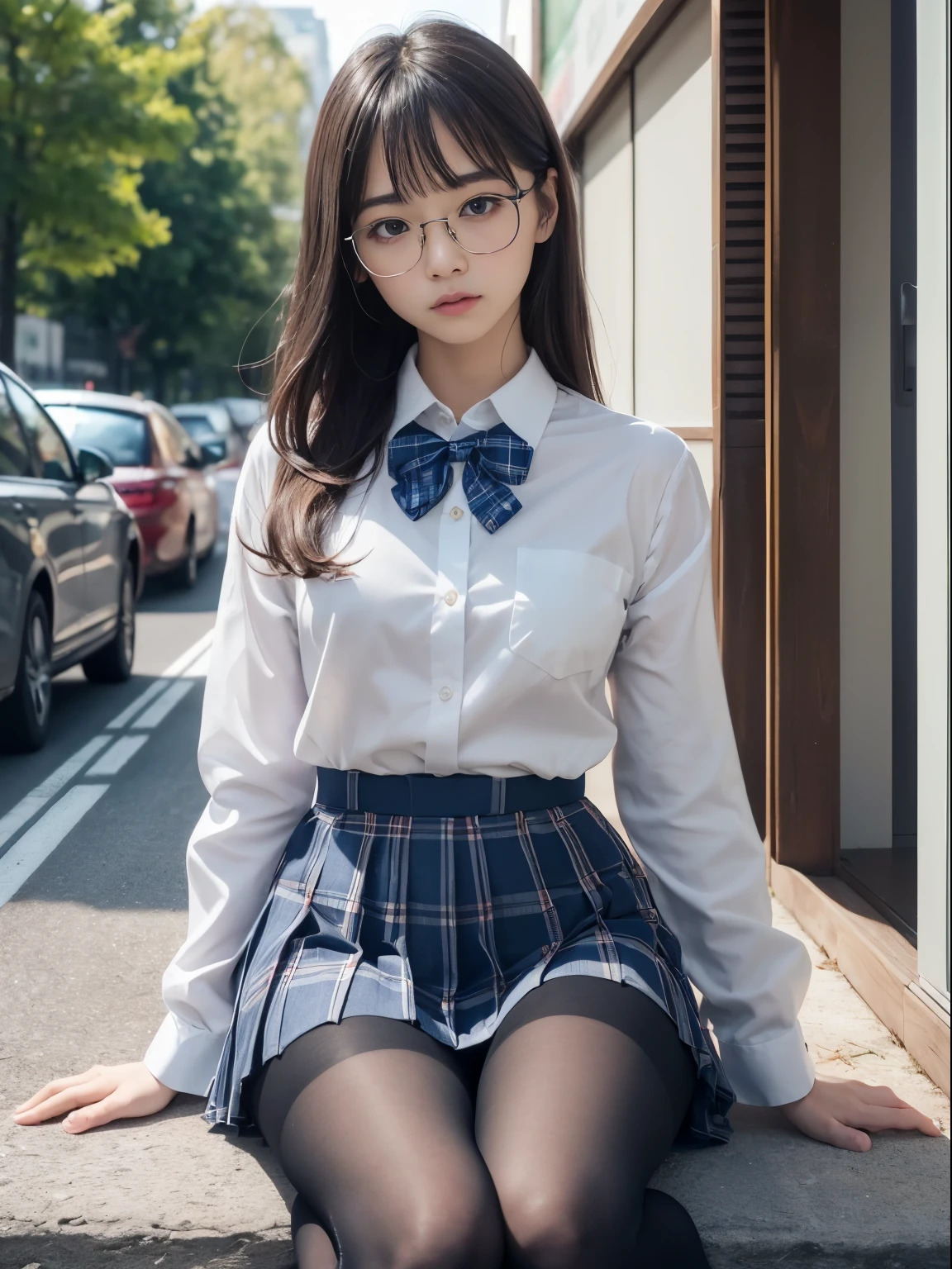 (I can see my underwear)、((細いeye))、((細いeye))、((細いeye))、(8K、生photographgraphy、highest quality、masterpiece:1.2),、small、(flat chest)、(flat chest)、(flat chest)、(flat chest)、(flat chest)、(Are thin)、Fair skin、Whitening、dark look、skinny,sex appeal,Fair skin肌,Saucy,School,looking at the viewer,looking straight ahead,high-pitched clothes,erotic,students,white skin,knees,((black pantyhose)),((black pantyhose)),disorganized,(small face),(small face),I can see the forehead,Bangs hanging from the left and right sides of the forehead,(cold look,eyeがきつめ,glare,bullish,anger)、masterpiece,highest quality、ultra high resolution,生photograph,beautiful,beautiful,There is only one person, solo,Glasses,,dark look,small breasts same,full body,(まるGlasses),JK uniform,high school girl,japanese woman, (photorealistic:1.37)、photon mapping,Reality、beautiful woman,cute baby face,ブラウンeye、black socks、(red bow tie)、radio city、Physically based rendering、depth of field rally background、photograph,body,beautiful feet, long legs, thin legs,(I can see my bangs), Hairy pubic area, lips, blue_eye, nose soft,(light blue dress shirt), (Navy, blue and white plaid pleated skirt), kneesが見える,transparent clothing,, Peaches, black cotton socks,Nogizaka Idol, , japanese idol