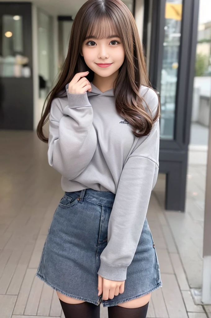 The cutest girl who works as a gravure idol、with shiny brown hair、wearing men&#39;Large Light Gray Sweatshirt Hoodie、The denim miniskirt and black tights are seductive.。she is full of confidence々smiled at.、Facing the camera in a professional pose。her fashion and expressions