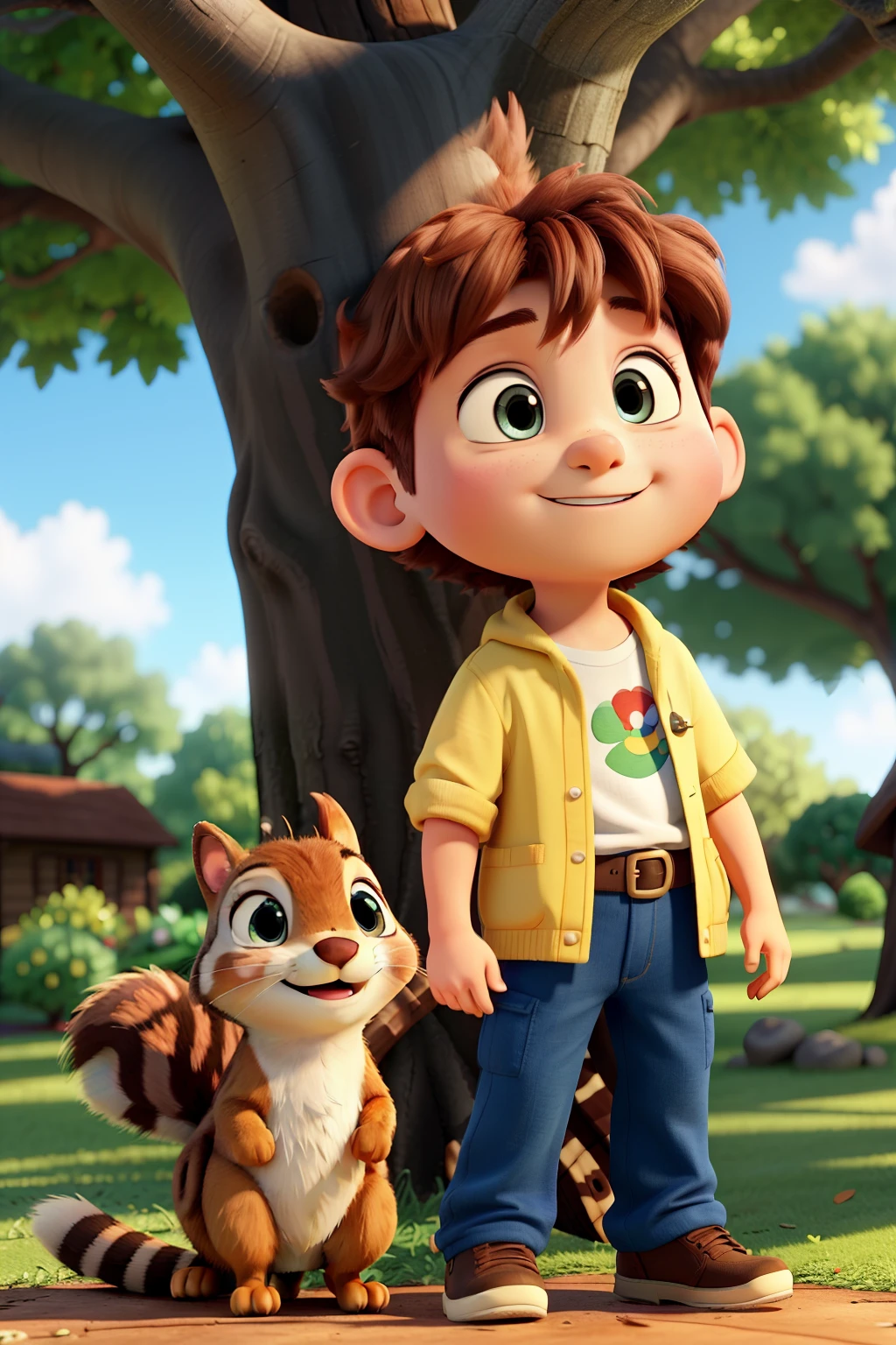 Tommy the boy and Nutty the squirrel, nestled under an oak tree in a serene setting, this hyper-realistic, 8k, ultra HD image comes to life in the Pixar and Disney Style. The tree's fluttering leaves, rendered in Cinema 4D, creating an immersive and captivating scene. With Tommy's bright eyes and Nutty's bushy tail, their friendship unfolds in a 3:2 aspect ratio, bringing a touch of warmth to this masterpiece.