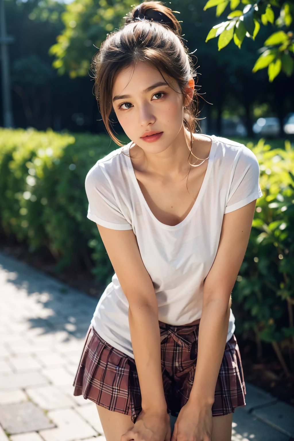 (8K, RAW photo, highest quality, High resolution:1.1), (hyperrealistic:1.4),(realistic, photorealistic:1.3), soft light,realistic face,realistic body,realistic skin,disorganized,masterpiece,(cute:1.8),(leaning forward:1.8),(From above:1.2),(close:1.4),,throw,( Detailed colorful loose fitting t-shirt:1.2),(Beautiful breasts:0.9),(long hair,ponytail),(big:1.2),cleavage,fine black eyes,innocent eyes,droopy eyes,Watery eye,open lips,blush,good style,colorful lights,film Grain,close,look viewer,full Body,Depth of field, blurred background,Eye focus,young,85mm lens, f/ 1.4,professional lighting,portrait,photon mapping,radio city,Physically based rendering,Transparency,japanese girl,forest with sunshine,Sunny,outdoor