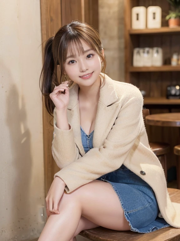 (Photoreal)、(Super high realism)、(ultra high resolution)、(Ultra high definition)、 (17 year old girl、small face、very young face, natural makeup)(fair skin、Smooth skin、realistic texture)(sparkling eyes)beautiful breasts、beautiful cleavage、thin waist、big ass、((cute smile))((Long ponytail))With bangs（((light brown wool short coat、Extremely short miniskirt made of denim)))brown hair(earrings)Stylish coffee shop((((Thighs look bold、inviting pose、sitting))))(((full body shot、Visible up to the ankles)))