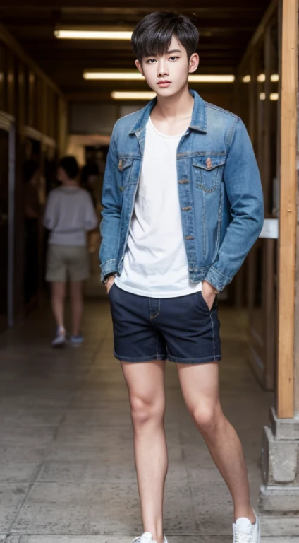 young man, handsome,20 years old , Asia,thailand, Blonde, blue eyes, Jacket,open chest, Jeans shorts, Ray Tracing, HDR