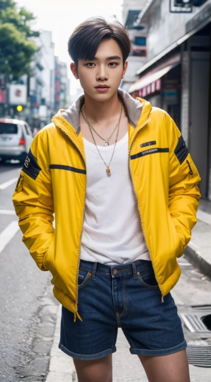 young man, handsome,20 years old , Asia,thailand, Blonde, blue eyes, Jacket,open chest, Jeans shorts, Ray Tracing, HDR