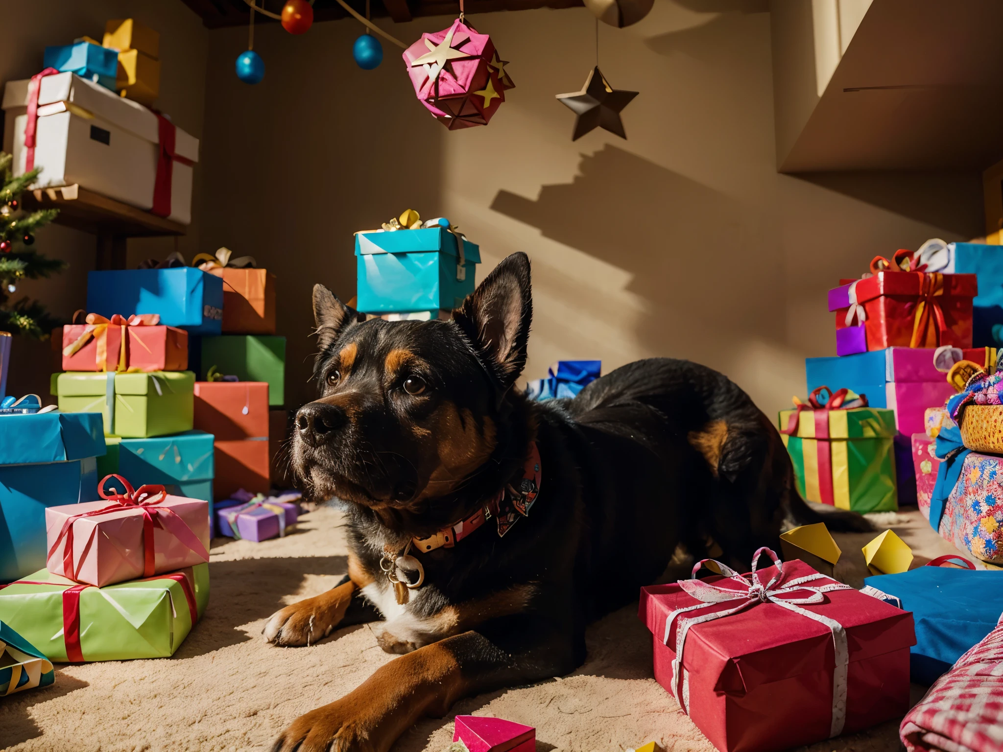 Senior dog lies among the pile of gifts, looking up at the ceiling. Above the dog's head are shapes representing questions, Photo color is bright and colorful