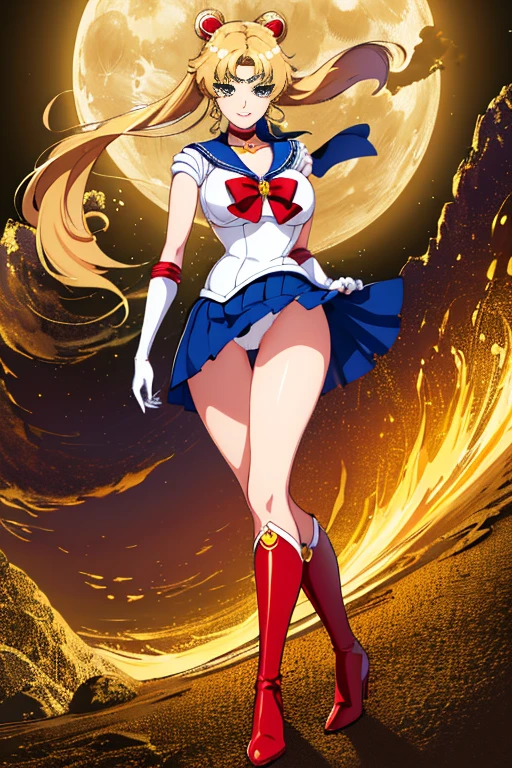 masterpiece, high resolution, best quality, beautiful art, charming art, 1 woman, solo, Jean Gunnhildr, green eyes, big breasted, cleavage, mature woman, wearing a Sailor Moon outfit, short skirt, red boots , wind lifts up her skirt showing white panties, full body, smiling joyfully, looking at the viewer, moonlight environment 