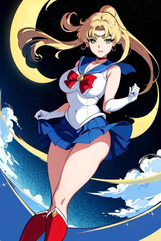 masterpiece, high resolution, best quality, beautiful art, charming art, 1 woman, solo, Jean Gunnhildr, green eyes, big breasted, cleavage, mature woman, wearing a Sailor Moon outfit, short skirt, red boots , wind lifts up her skirt showing white panties, full body, smiling joyfully, looking at the viewer, moonlight environment 