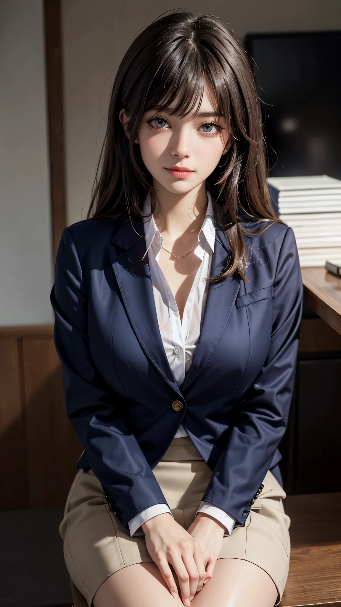 (UHD, retina, masterpiece, accurate, anatomically_correct, textured_skin, super_detail, high_details, high_quality, best_quality, high_res, 1080P, HD, 4K, 8k, 16k), (beautiful_detailed_eyes, beautiful_detailed_lips, extremely_detailed_eyes_and_face), soft_lighting, physically-based_rendering, vivid_colors, (large_breasts:1.5), (shiny_hair, shiny_skin, tanned_skin, blush), (bangs:1.5), eye_reflection, (bokeh), semi-profile_view, smile_and_laugh, (blazer, shirt, businessskirt, sit:1.5), tights, from above,