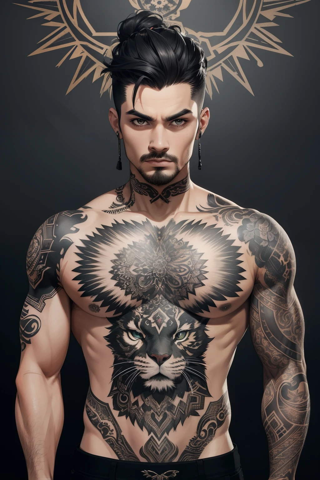 Masterpiece, top quality, 4K resolution,
Crafted design, bold men's t-shirt,
Tattoo artistry essence, embodied,
Traditional and contemporary, blended,
Fierce animals, intricate patterns, skill and versatility showcased,
Masculine color palette, deep blacks or grays,
Edgy, timeless appeal, statement-making design,
Resonating with tattoo appreciation admirers.