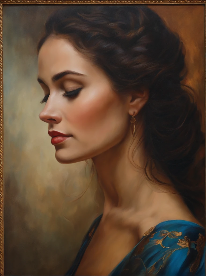 A master oil painting，Close-up of the side face of a beautiful woman