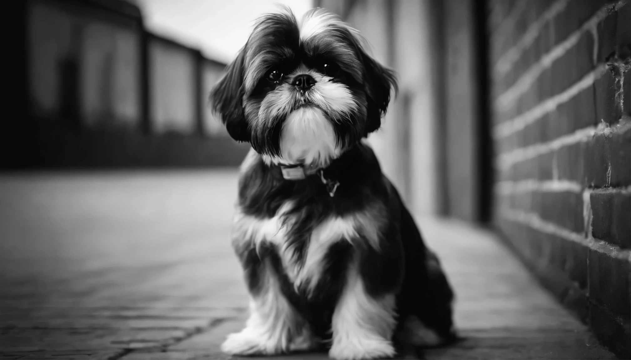 Shih Tzu dog sitting looking up at the sky、shirt、Leaning against a brick wall、street corner、black and white