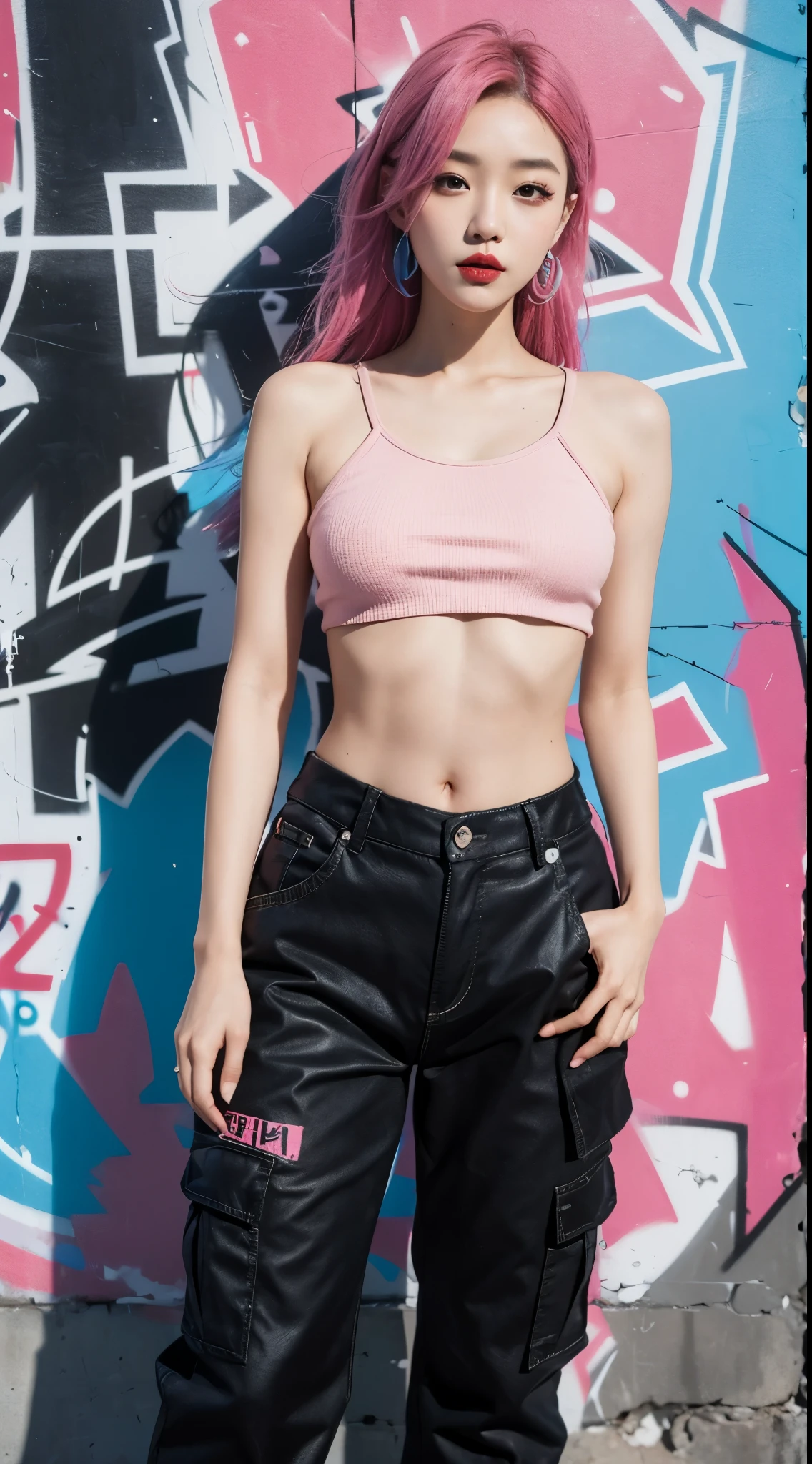 best quality, Clarity, 4k, 8k, detail, actual, Beautiful Girl, Korean makeup, Red lips, pink and blue hair, Perfect body, thigh, stand, pose standing, medium chest, long inner top, black Cargo Box Pants, Solid graffiti wall background, Graffiti art,
