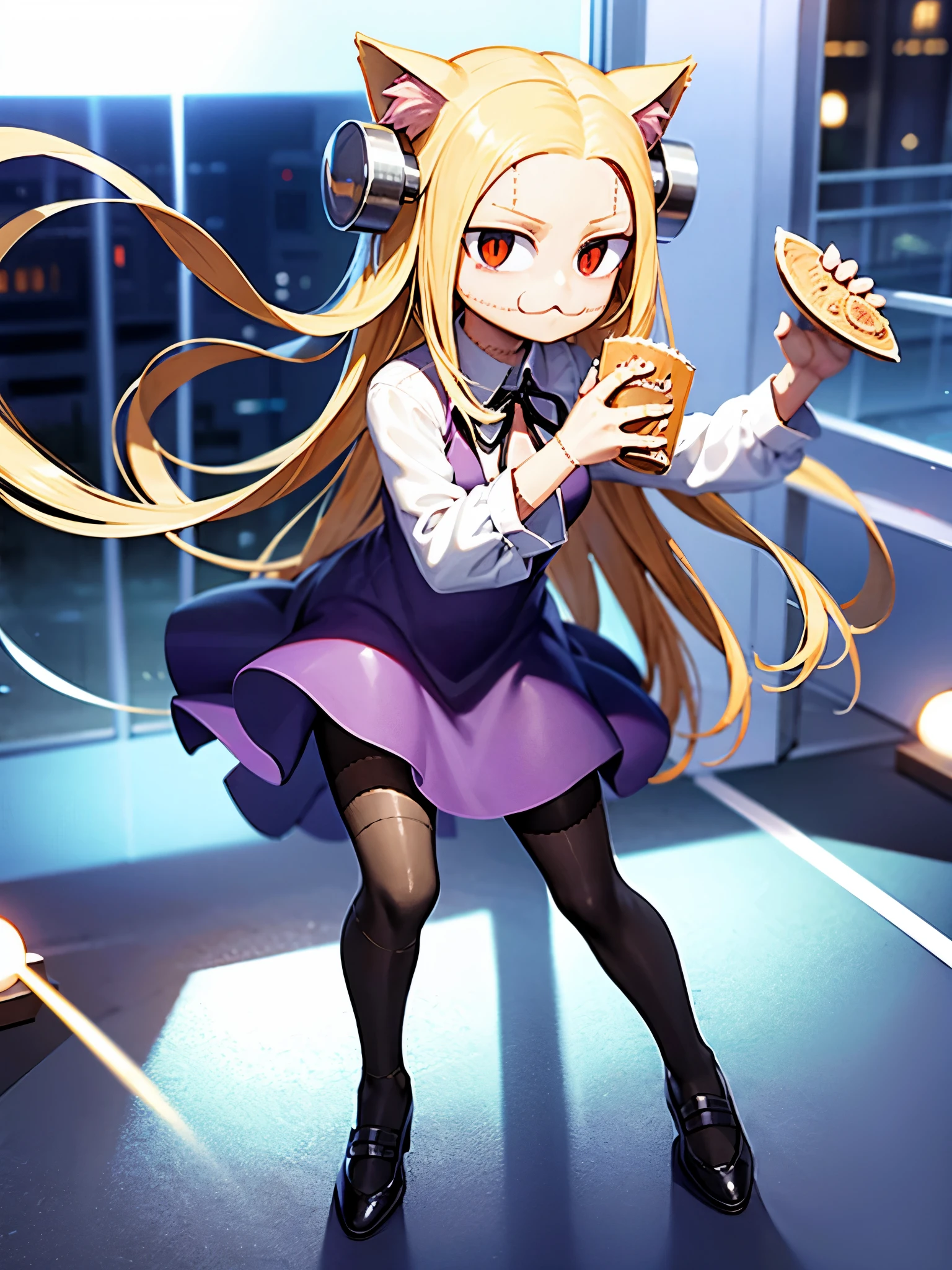 necoarc,madaraki_fran,Девушка,Белый халат ,стоит,slit pupils, cat ears,blonde hair,chibi, :3,шрамы,швы,жёлтые глаза