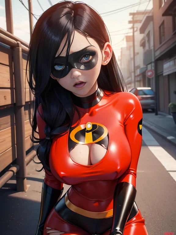 Eroticism, naughty girl, exposed skin, exposed nipples, annoyed, looking at viewer, torn outfit, damaged material, dirty costume, stressed, best quality, 19 years old, 1girl, VioletParr, WMASK, (domino mask:1.2), latex,((sexy))