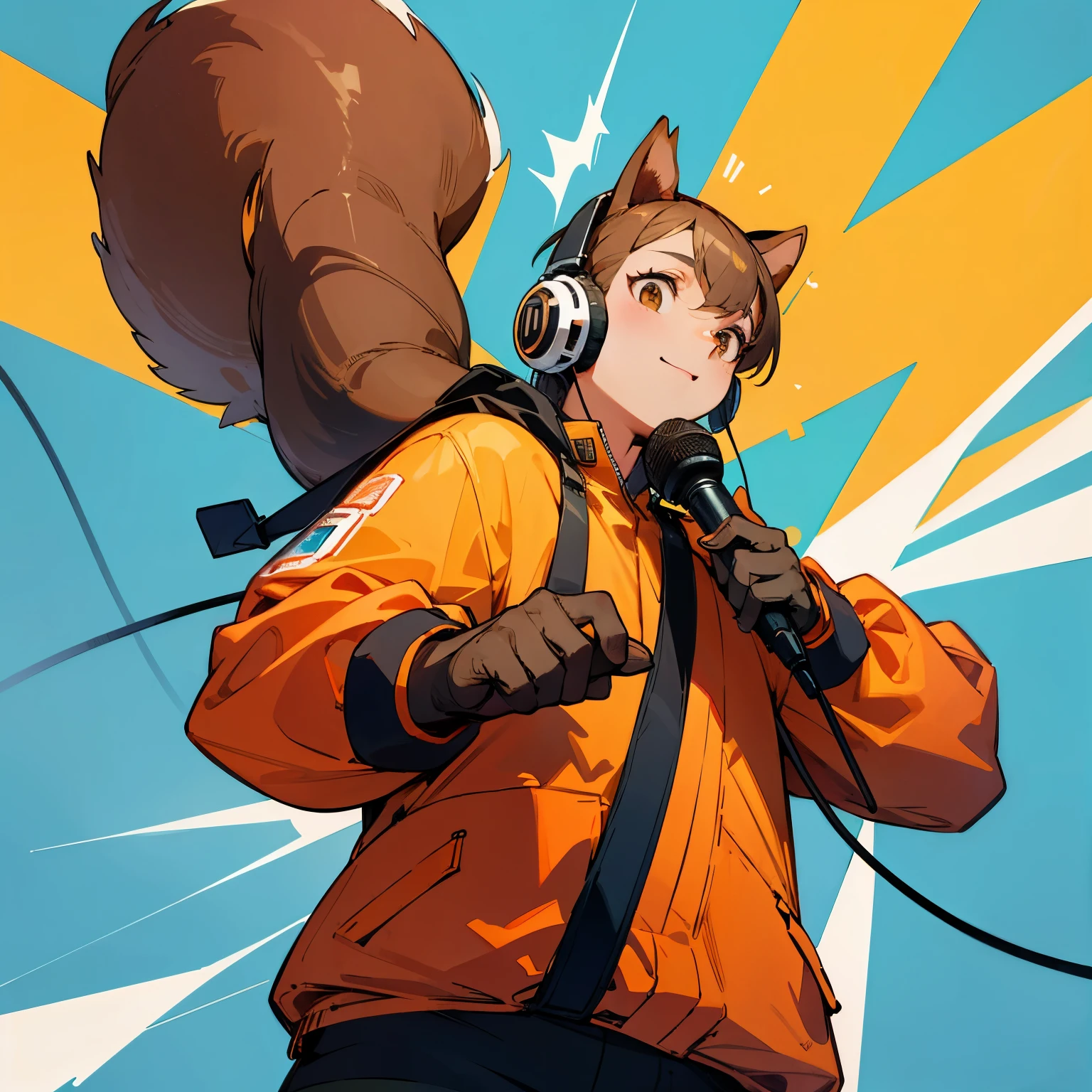 Squirrel wearing headphones and holding a microphone