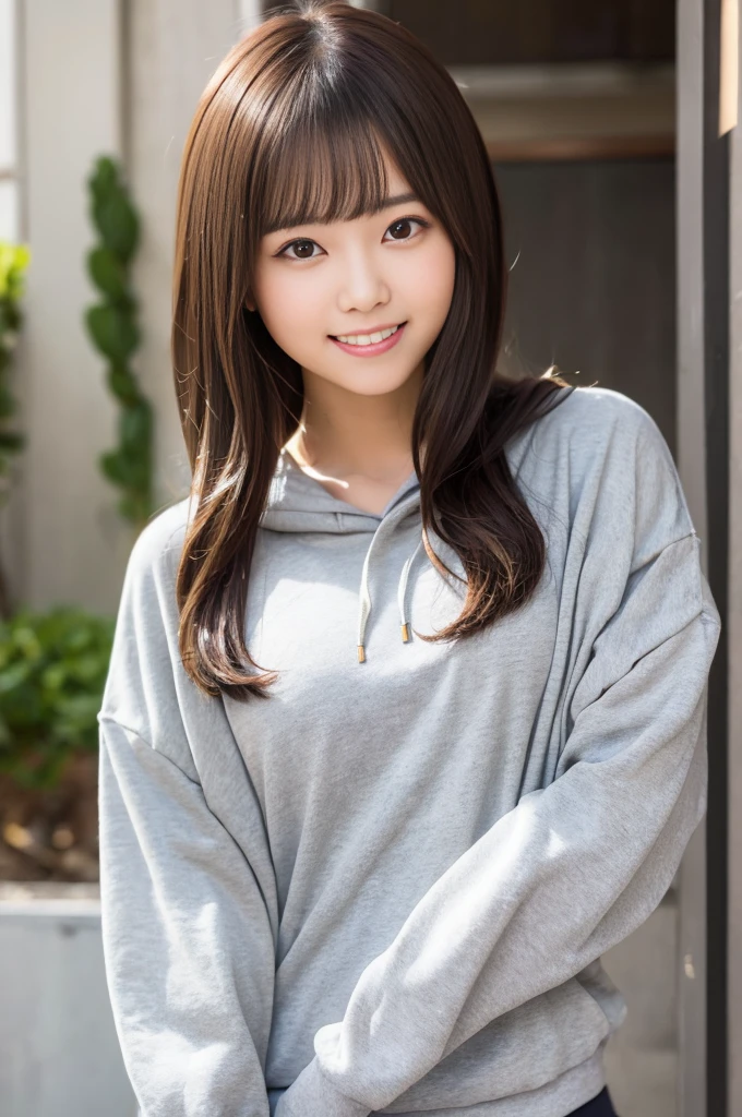 The cutest girl who works as a gravure idol、with shiny brown hair、wearing men'Large Light Gray Sweatshirt Hoodie、The denim miniskirt and black tights are seductive.。she is full of confidence々smiled at.、Facing the camera in a professional pose。her fashion and expressions