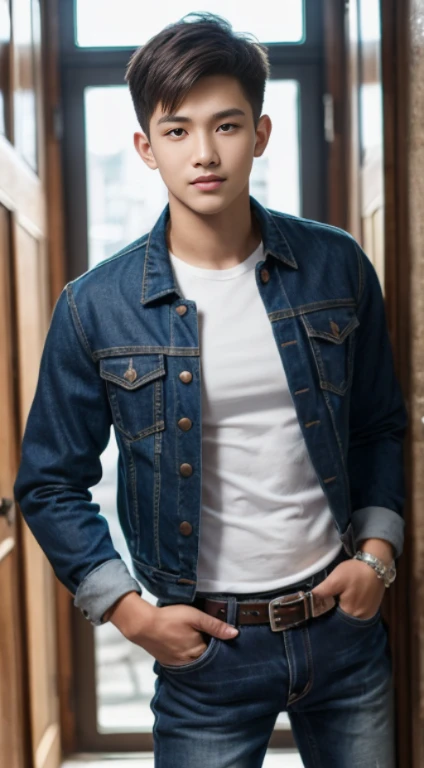 young man, handsome,20 years old , Asia,thailand, Blonde, blue eyes, Jacket,Seeing the breasts, Jeans shorts, Ray Tracing, HDR