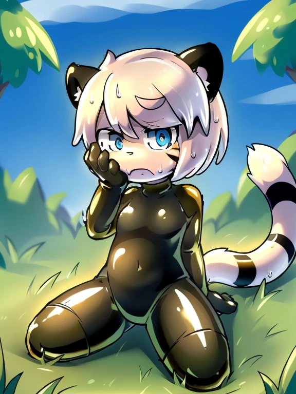 （4K，8k，best quality，meticulous details，Delicate light，Delicate short hair）（wet fur 1.4）Tiger cubs，white hair，dark blue pupils，there&#39;s something strange，surprise，touch your face，one piece latex bodysuit，Big blue striped tail，Little fresh，sit on the grass，Shota