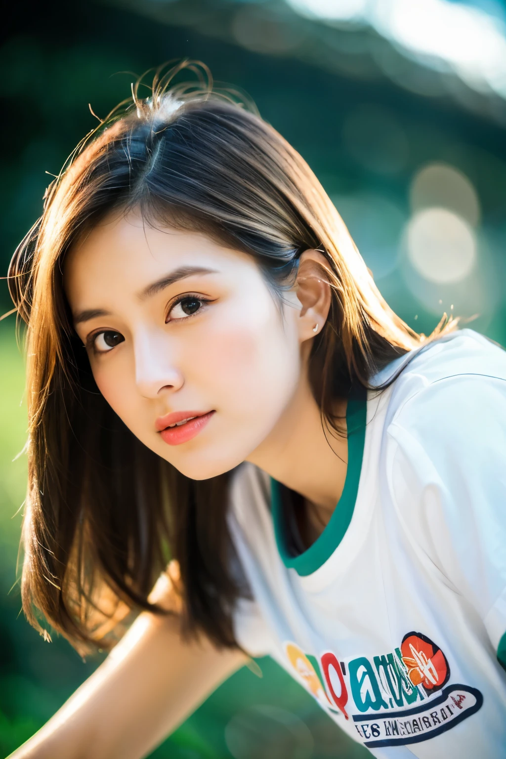 (8K, RAW photo, highest quality, High resolution:1.1), (hyperrealistic:1.4),(realistic, photorealistic:1.3), soft light,realistic face,realistic body,realistic skin,disorganized,masterpiece,(cute:1.8),(leaning forward:1.8),(From above:1.2),(close:1.4),,throw,( Detailed colorful loose fitting t-shirt:1.2),(Beautiful breasts:0.9),(long hair,ponytail),(big:1.2),cleavage,fine black eyes,innocent eyes,droopy eyes,Watery eye,open lips,blush,good style,colorful lights,film Grain,close,look viewer,full Body,Depth of field, blurred background,Eye focus,young,85mm lens, f/ 1.4,professional lighting,portrait,photon mapping,radio city,Physically based rendering,Transparency,japanese girl,forest with sunshine,Sunny,outdoor