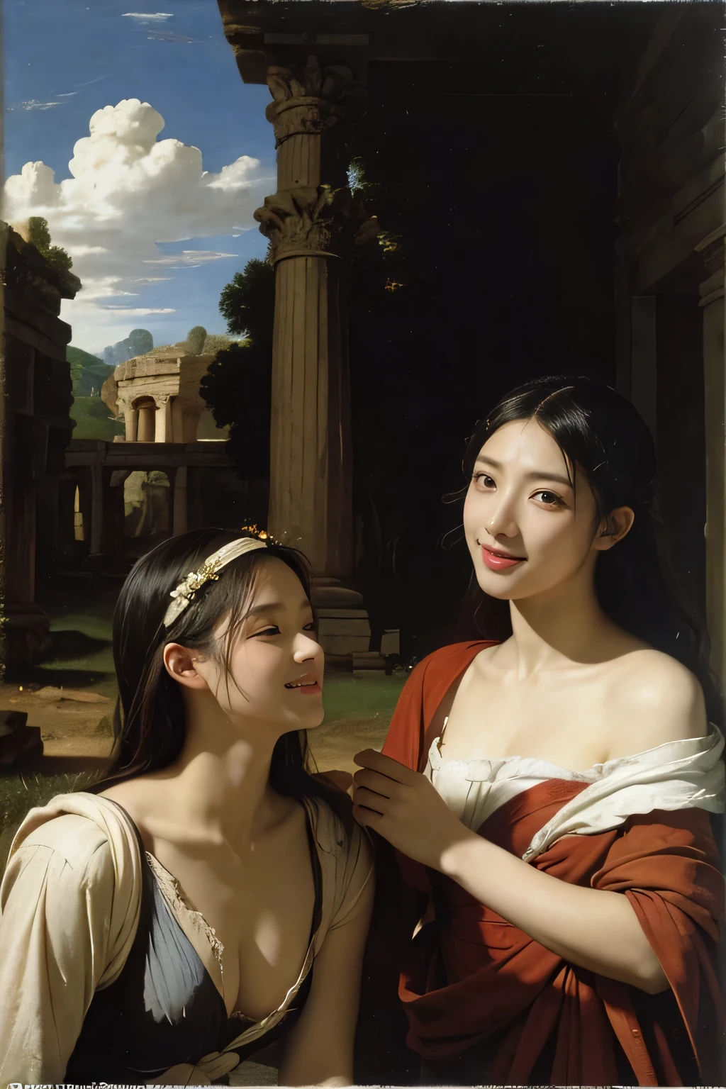 Ancient Roman ruins,landscape in the style of Poussin,A smile,,Sweet and seductive appearance.、Caravaggio's paintings、Chiaroscuro of Caravaggio、Hair disheveled in the wind,Two women frolicking,Cute smile, Expression of ecstasy,A sexy,erotick