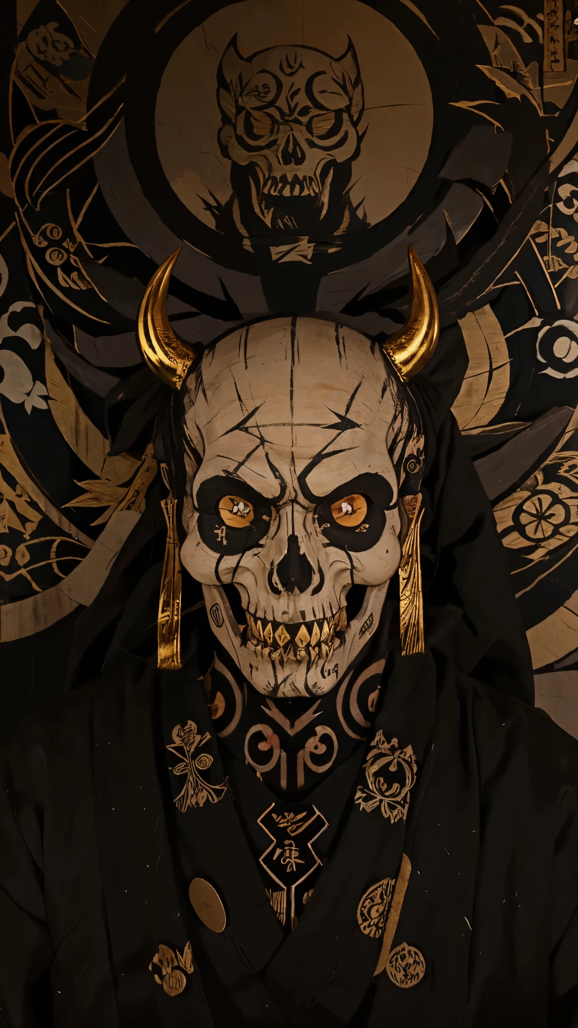 ukiyo-e style, Matte black skull, no lower jaw, gold patterns on the skull, very short Demon Horns, Empty Black Eye Sockets, there is a black halo in the background