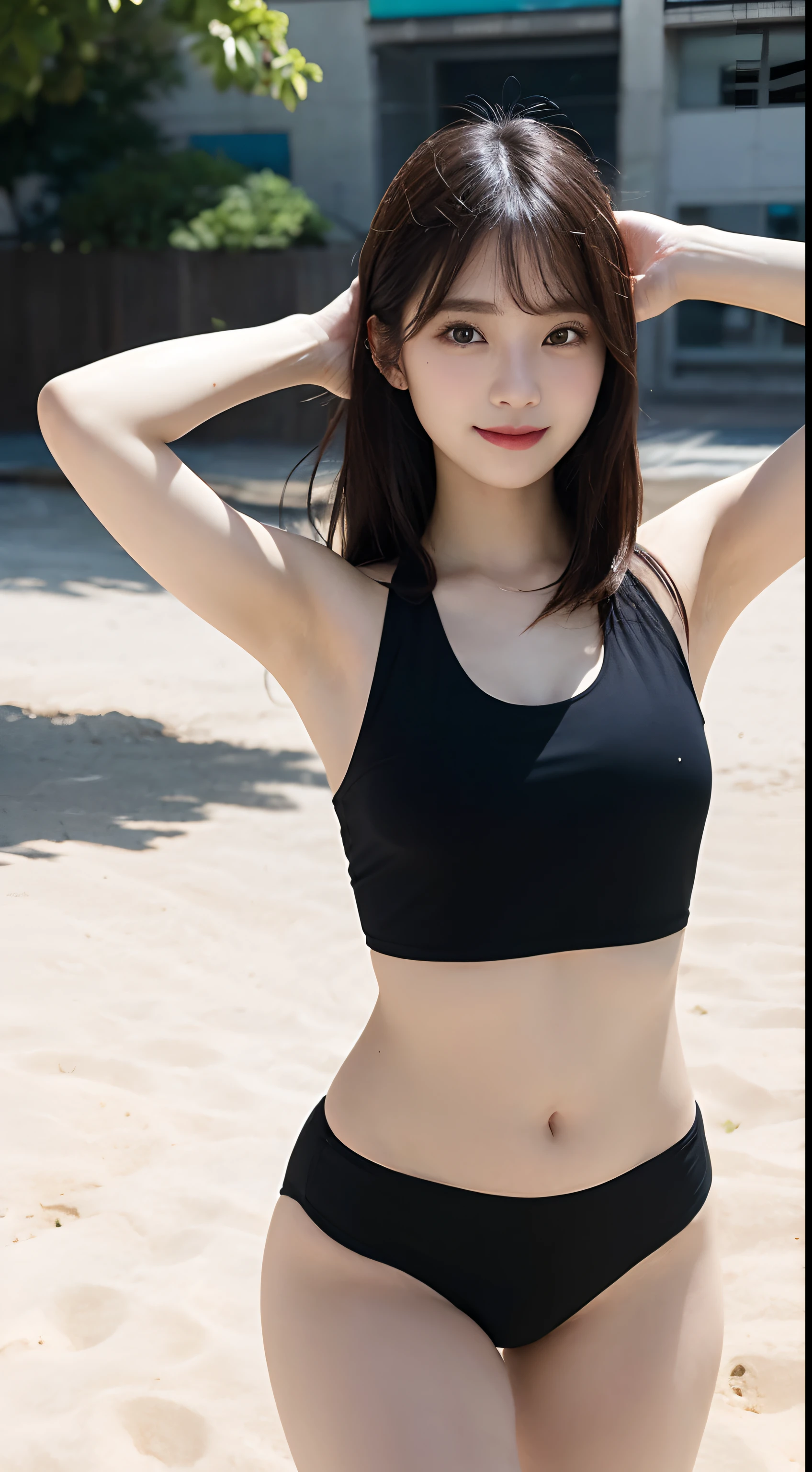 randome pose, mix4, (8K, Raw photography, top-quality, masterpiece: 1.45), (realisitic, Photorealsitic: 1.37), one girls, cute little, A smile、 natta, profetional lighting, plain,a park,mare,sand beach,the beach,photon maping, Radio City, physically-based renderingt, Gradient black hair, white hair, straight haired,gals,a handsome, girl with, large full breasts,swim wears,The bikini,top quality photo, hight resolution, 1080p, (clearface), (Detailed face description), (Detailed hand description), (masterpiece), realisticlying, extreme light and shadows, dishevled hair, masterpiece, lush detail, (Fine facial features), (Highest Quality Photos), (masterpiece), (finely eye), dual、Look in front of you, Fine clavicle,Emphasis on the armpits,Show lower milk,full body Esbian,beauty legs
