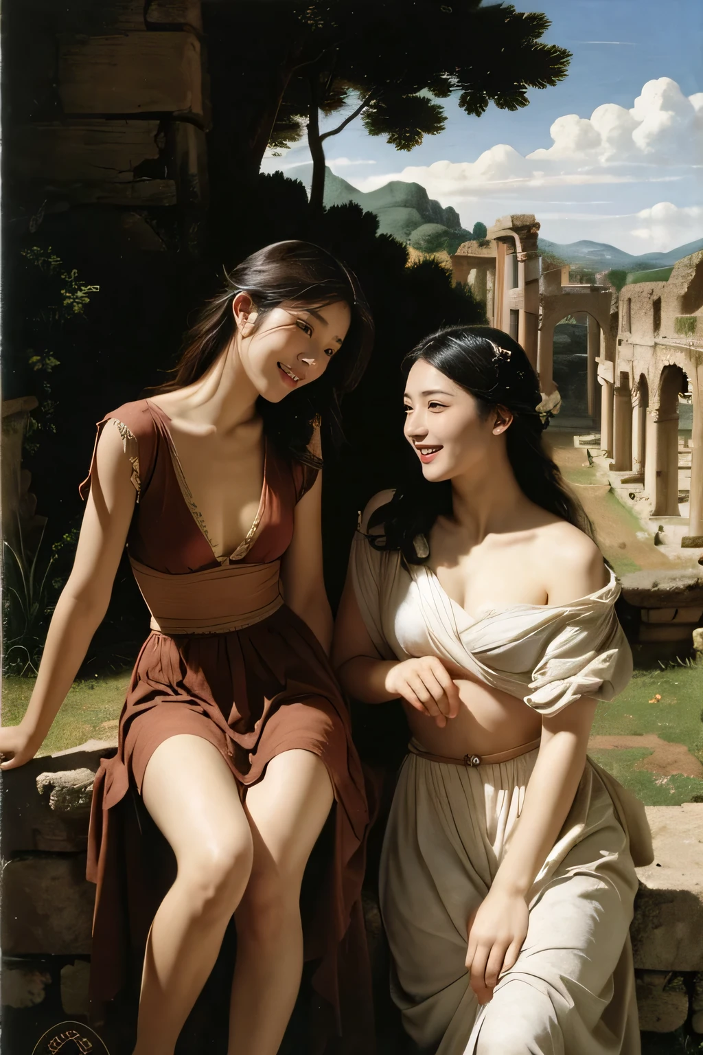 Ancient Roman ruins,landscape in the style of Poussin,A smile,,Sweet and seductive appearance.、Caravaggio's paintings、Chiaroscuro of Caravaggio、Hair disheveled in the wind,Two women frolicking,Cute smile, Expression of ecstasy,A sexy,erotick