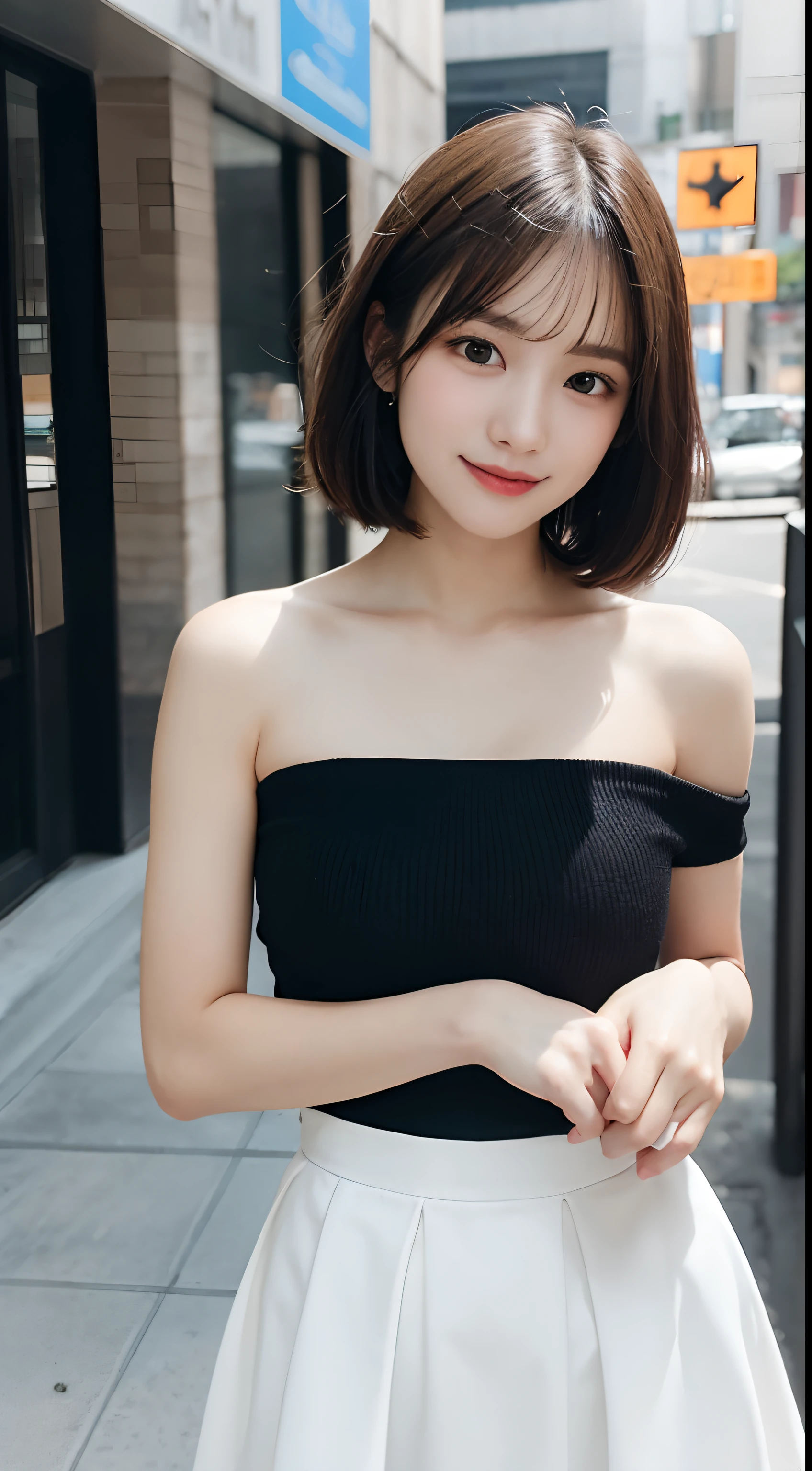 randome pose, mix4, (8K, Raw photography, top-quality, ​masterpiece: 1.45), (realisitic, Photorealsitic: 1.37), one girls, cute little, A smile、Cityscape, natta, profetional lighting, plain,a park,photon maping, Radio City, physically-based renderingt, Gradient black hair, white  hair, Short Bob Cut Straight Hair,gals,a handsome, girl with, large full breasts,off shoulders, Tight clothes,Random attire,Tight skirt,top quality photo, hight resolution, 1080p, (clearface), (Detailed face description), (Detailed hand description), (​masterpiece), realisticlying, extreme light and shadows, dishevled hair, ​masterpiece, lush detail, (Fine facial features), (Highest Quality Photos), (​masterpiece), (finely eye), dual、Look in front of you, Fine clavicle,Emphasis on the armpits、Show lower milk