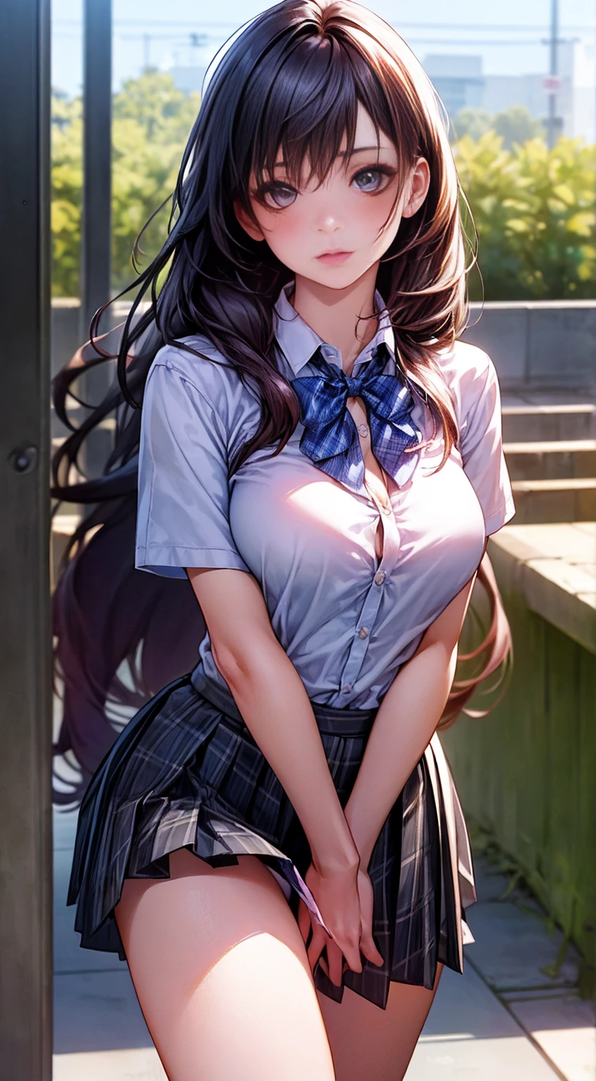 (masterpiece:1.2, top-quality), (realistic, photorealistic:1.4), beautiful illustration, 
looking at viewer, full body, front view:0.6, 
1 girl, japanese, high school girl, (long hair:1.5), blown hair, (half up, half updo), bangs, hair between eye, large breasts:0.8, 
beautiful hair, beautiful face, beautiful detailed eyes, beautiful clavicle, beautiful body, beautiful chest, beautiful thigh, beautiful legs, beautiful fingers, 
(beautiful scenery), , school,
((collared short sleeve shirt, white shirt, , grey plaid pleated skirt, blue plaid bow tie)), white panties, 
(standing, , lift up skirt, grab the hem of the skirt, hands on chest, hand between legs), 
blush, ,（（Used Condom））