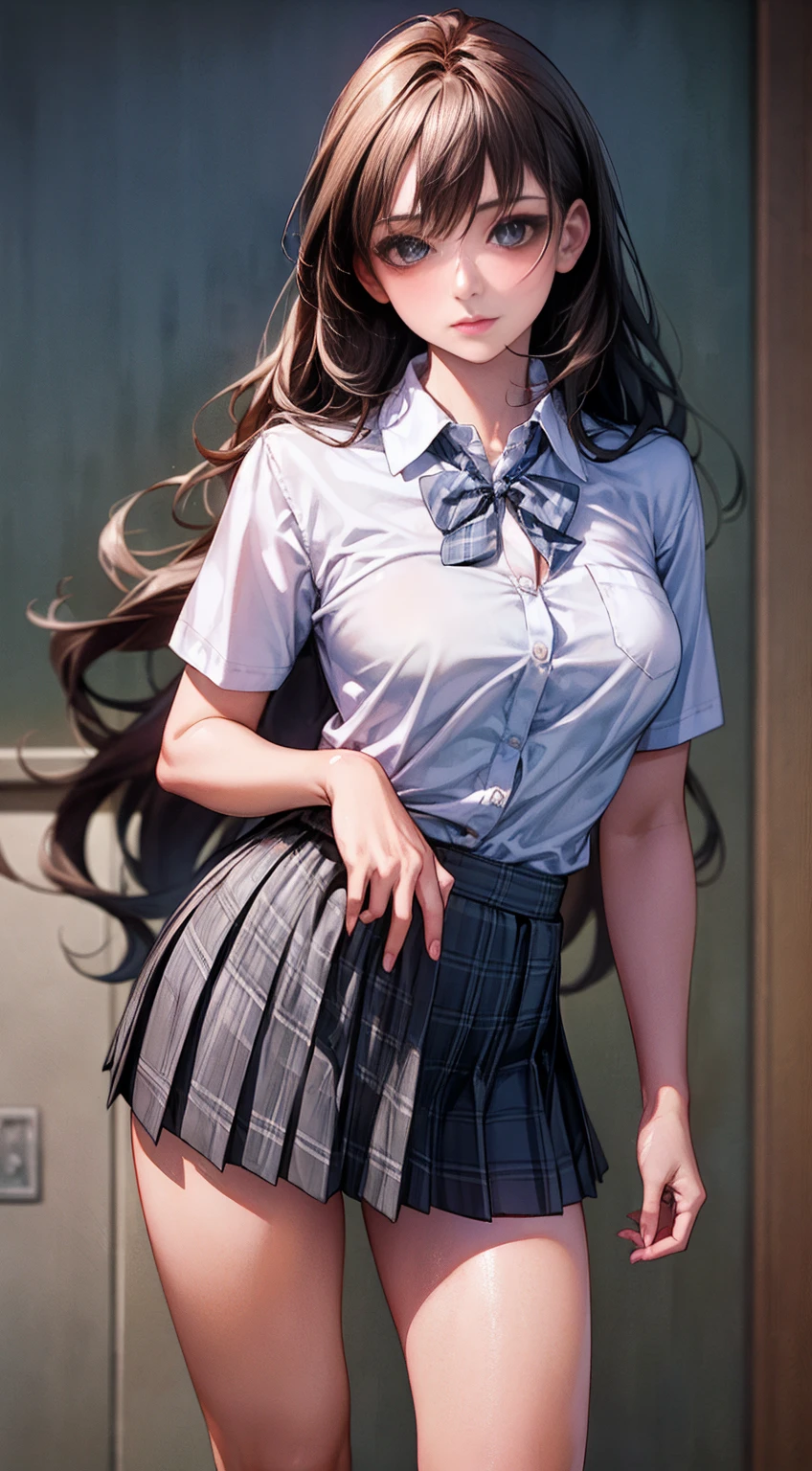 (masterpiece:1.2, top-quality), (realistic, photorealistic:1.4), beautiful illustration, 
looking at viewer, full body, front view:0.6, 
1 girl, japanese, high school girl, (long hair:1.5), blown hair, (half up, half updo), bangs, hair between eye, large breasts:0.8, 
beautiful hair, beautiful face, beautiful detailed eyes, beautiful clavicle, beautiful body, beautiful chest, beautiful thigh, beautiful legs, beautiful fingers, 
(beautiful scenery), , school,
((collared short sleeve shirt, white shirt, , grey plaid pleated skirt, blue plaid bow tie)), white panties, 
(standing, , lift up skirt, grab the hem of the skirt, hands on chest, hand between legs), 
blush, ,（（Used Condom））