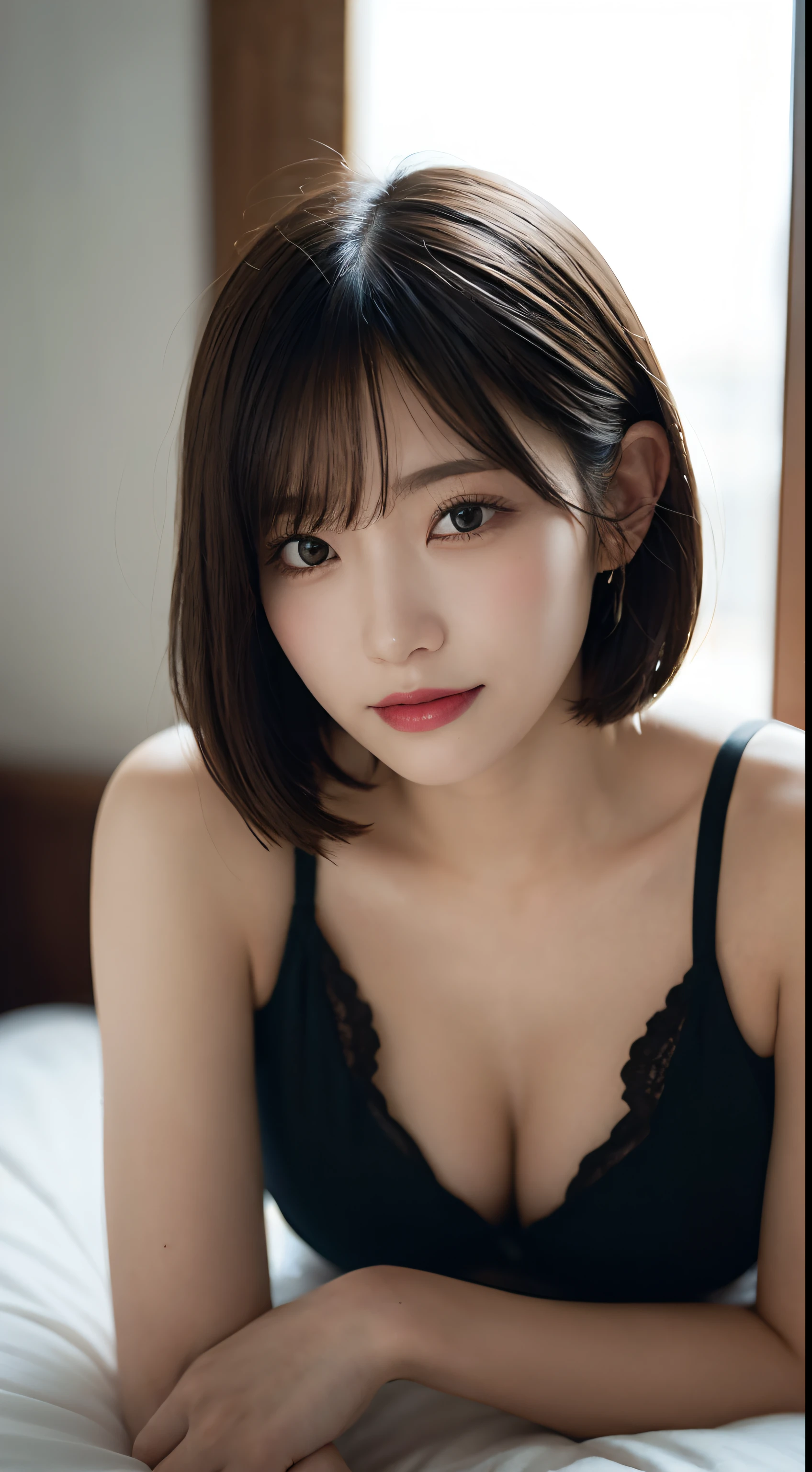 randome pose, mix4, (8K, Raw photography, top-quality, masterpiece: 1.45), (realisitic, Photorealsitic: 1.37), one girls, cute little, A smile、inside in room, on the beds, profetional lighting,natta, photon maping, Radio City, physically-based renderingt, Gradient black hair, white hair, Short Bob Cut Straight Hair, a handsome, girl with, large full breasts,Sexy underwear in pink color,lace sexy underwear,see -through,Transparent,Underwear with a small area,Racy underwear,top quality photo, hight resolution, 1080p, (clearface), (Detailed face description), (Detailed hand description), (masterpiece), realisticlying, extreme light and shadows, dishevled hair, masterpiece, lush detail, (Fine facial features), (Highest Quality Photos), (masterpiece), (finely eye), dual、Look in front of you, Fine clavicle,Emphasis on the armpits、Show lower milk,Lying in bed,Sleep on your back,lyin in bed,Seduction poses,M-shaped legs,open one's legs,laying down on the bed,Sleep in bed,be sweaty,Wearing sweat