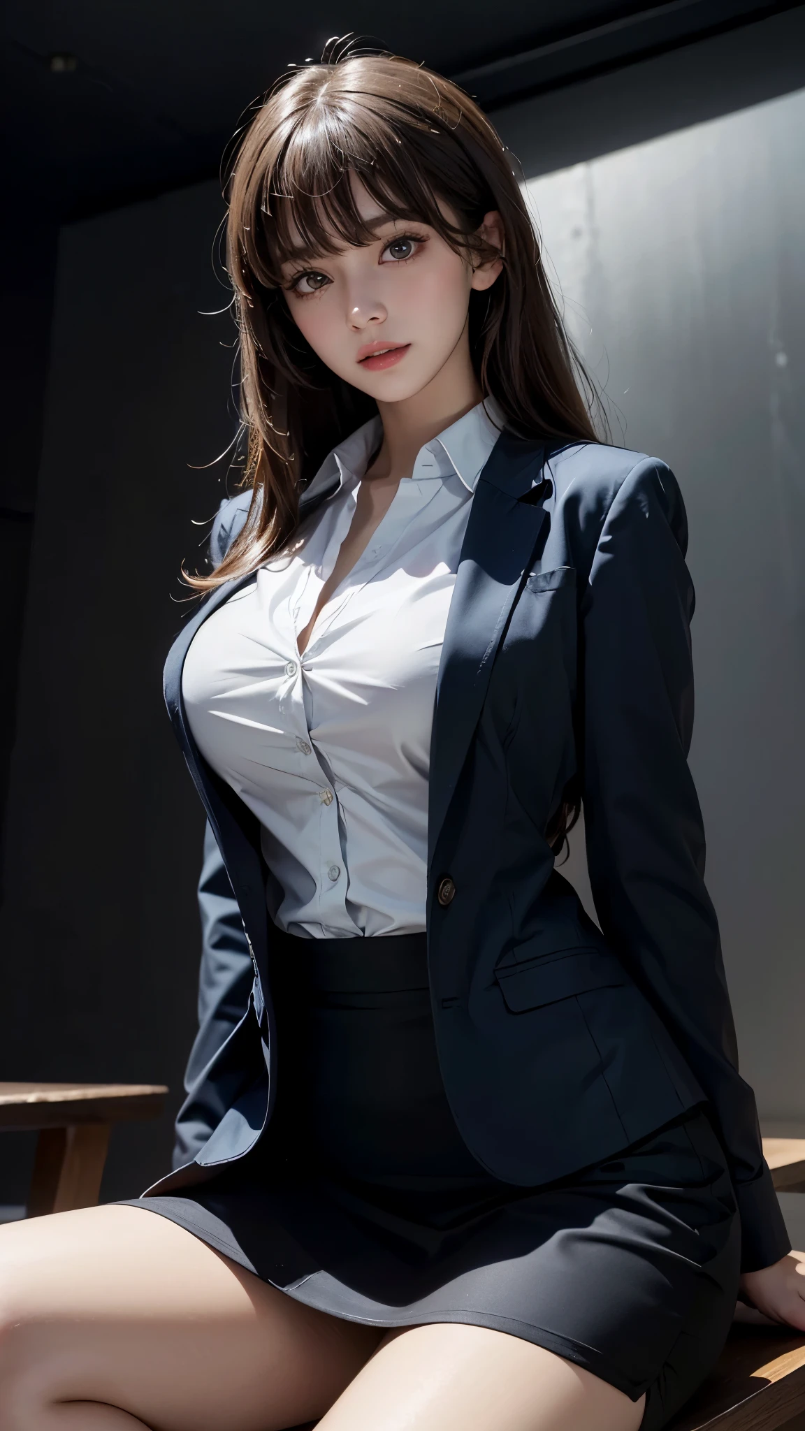 (UHD, retina, masterpiece, accurate, anatomically_correct, textured_skin, super_detail, high_details, high_quality, best_quality, high_res, 1080P, HD, 4K, 8k, 16k), (beautiful_detailed_eyes, beautiful_detailed_lips, extremely_detailed_eyes_and_face), soft_lighting, physically-based_rendering, vivid_colors, (large_breasts:1.5), (shiny_hair, shiny_skin, tanned_skin, blush), (bangs:1.5), eye_reflection, (bokeh), semi-profile_view, smile_and_laugh, (blazer, shirt, businessskirt, sit, from below:1.5),