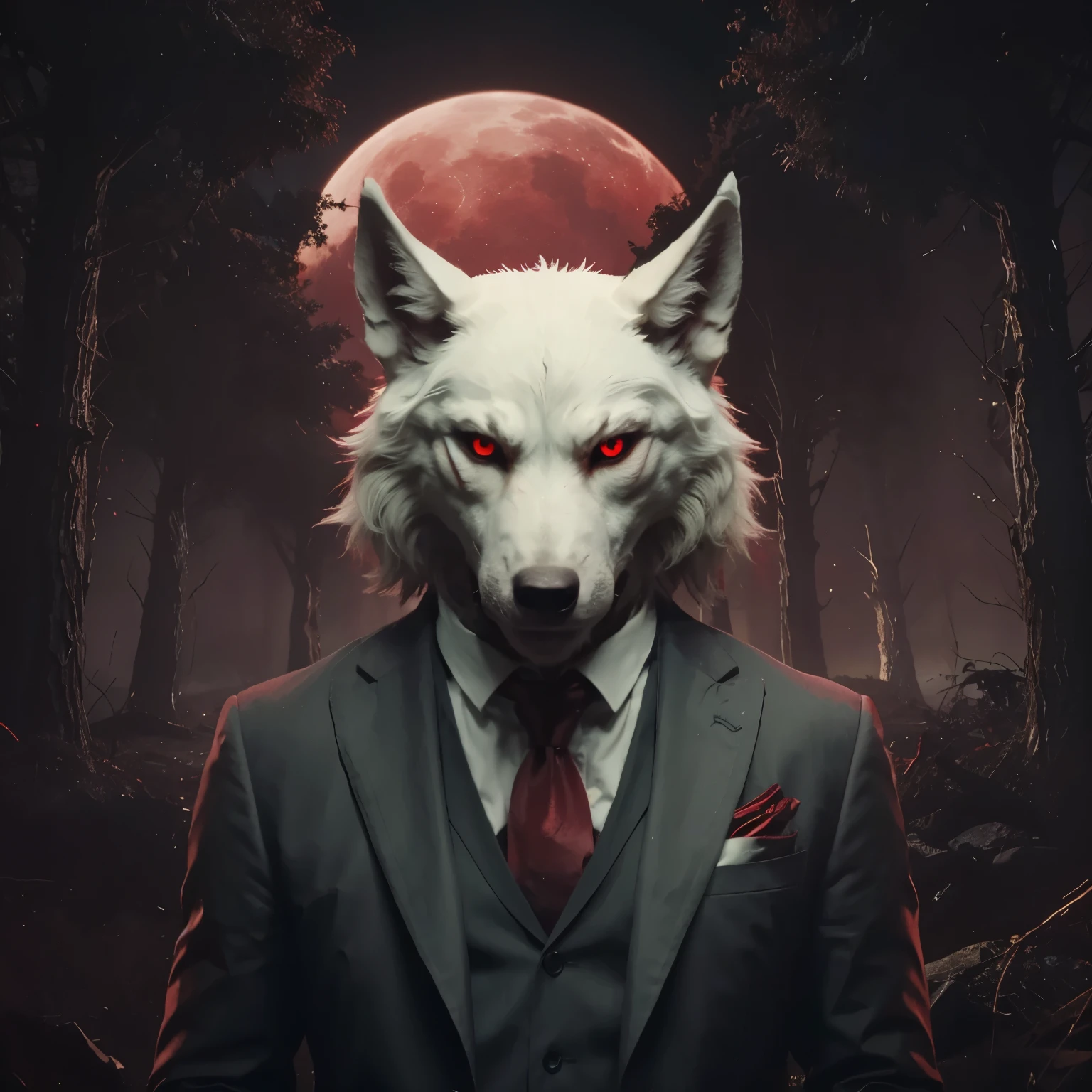 a person with a demonic wolf face with glowing red eyes and psychopathic look in a full suit and red gloves