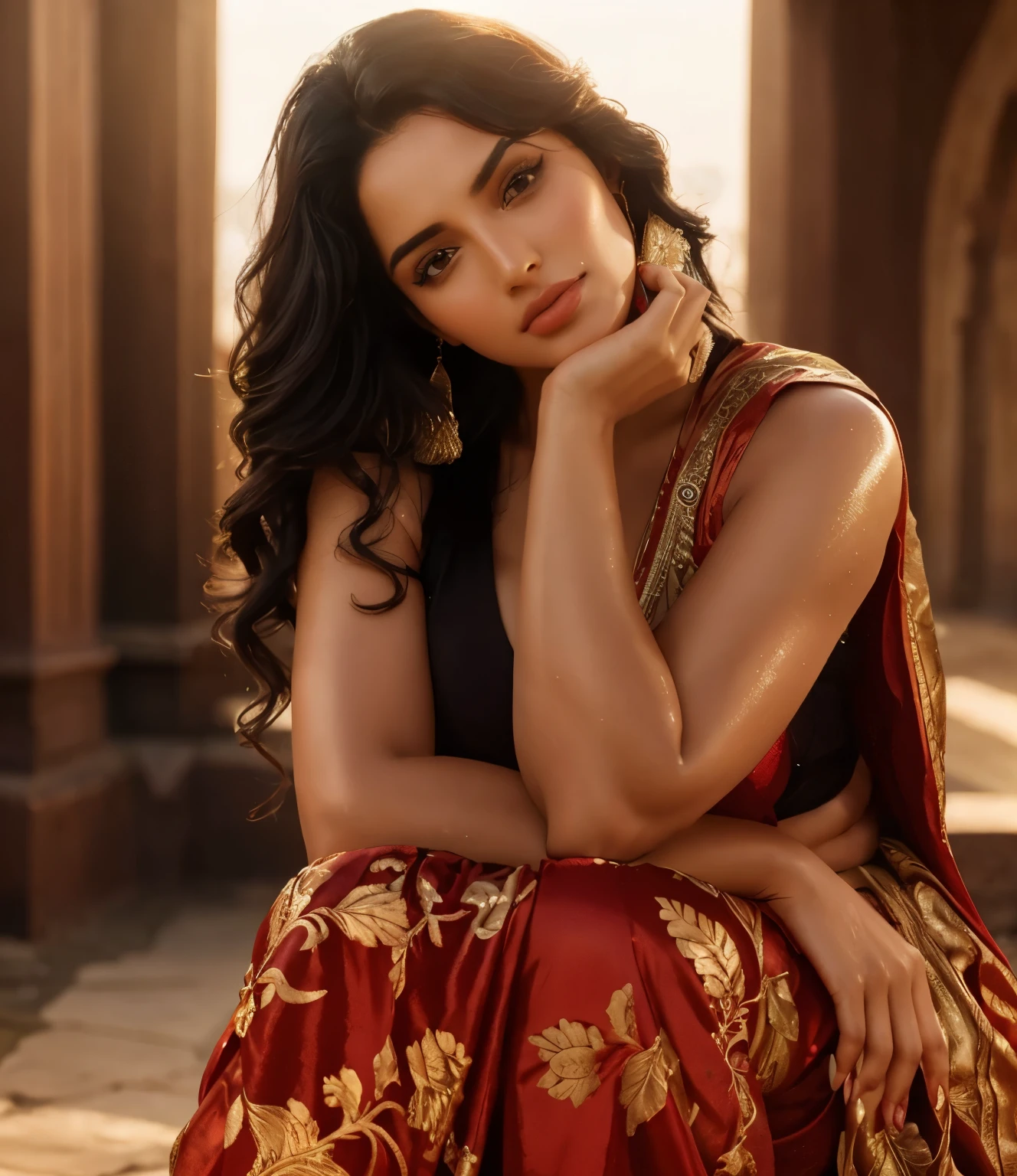 Bright background in outdoor. Red saree. Voluptuous and healthy, wet, black haired Kiara Advani in erotic, hot sexy pose. Sweaty, fair, body.  Beautiful exotic, stylish and looking hot, !!, fair complexion, stunning, glamorous, appealing figure. Thin waist, stylish and pose, shiny, Sweaty exotic skin, Busty Smooth body. Sexy, sultry look, fit hourglass figure, complete body nice, beautiful, fair complexion, stunning beautiful, exotic gorgeous lady, femme, goddess, most beautiful woman on earth, fantasy inspiration, goddess, gorgeous