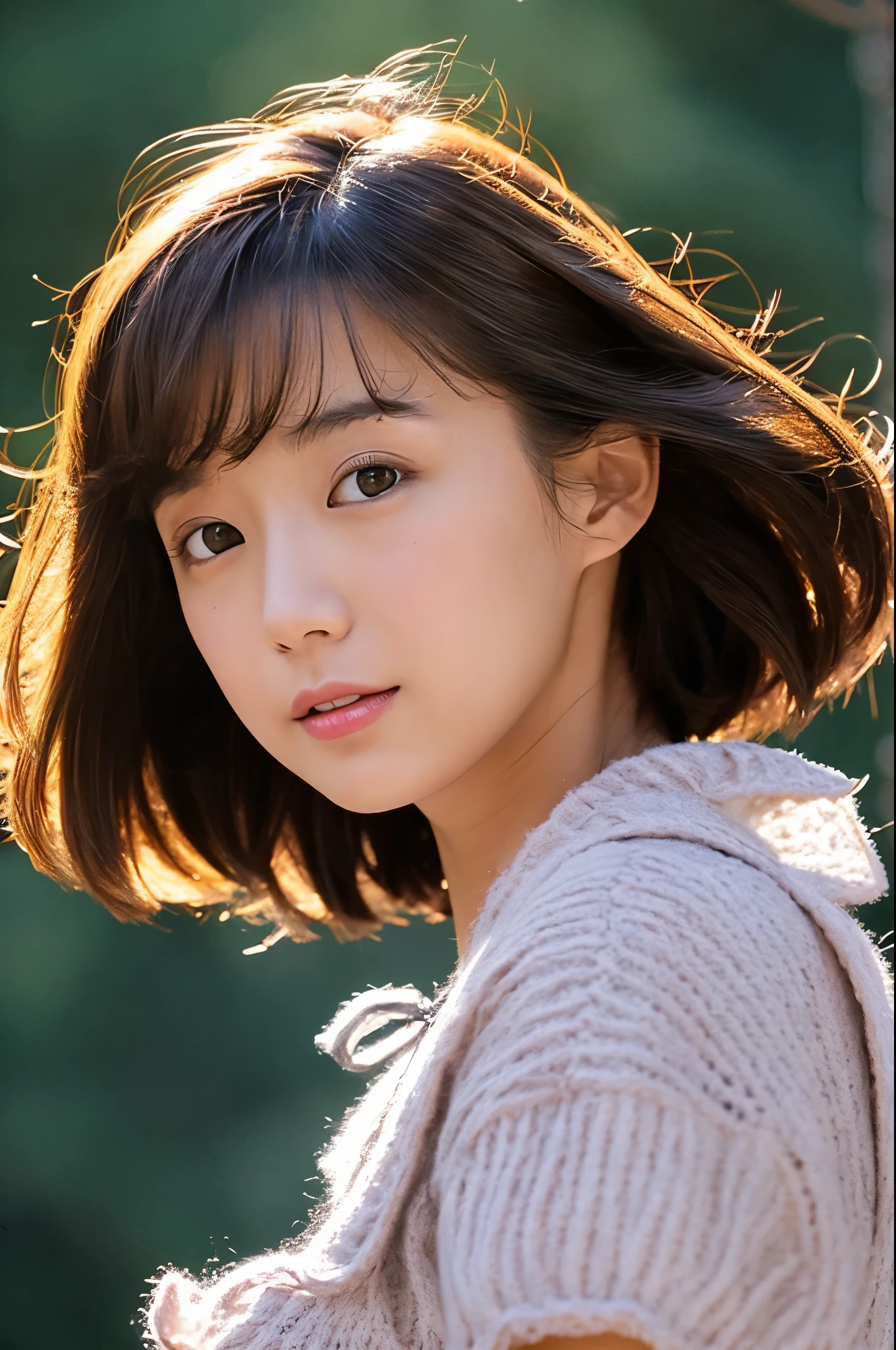 Detailed details,、hight resolution、hightquality、Perfect dynamic composition、Beautiful detailed eyes、short-hair、Small breasts、Natural Color Lip、Kamimei、Shibuya、20 years girl、1 persons、Transparent skin、Glowing hair、masutepiece、Best Quality、finely detail、hight resolution、8K、The correct state of the human body、She wears a navy blue long knit dress、randome pose、Gravure Model Pose、Hair soaring in the wind
