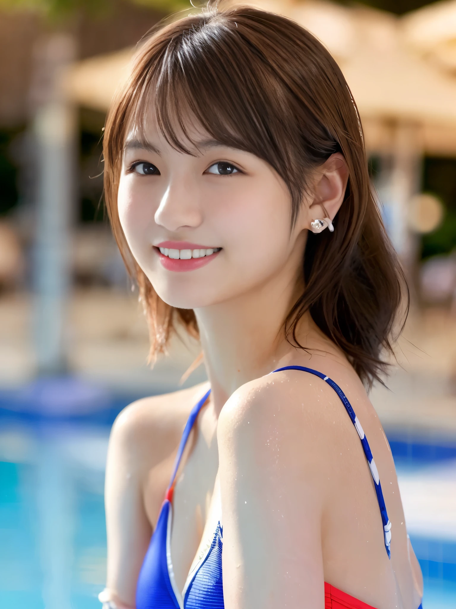 ロイヤルブルーとホワイトのワンピース水着, (フォトリアル:1.4), (hyper 現実的な:1.4), (現実的な:1.3), (スムーズな照明:1.05), (ビデオの照明品質を向上させる:0.9), 女性1名, 26歳 女性, 現実的な lighting, バックライト, フェイシャルライト, レイトレーシング, (陽気さ:1.2), (画質の向上:1.4), (最高級のリアルテクスチャードスキニーアイ, 小顔, 赤い頬, スレンダーボディ, 大きな胸,9頭身,美しい足,先のとがったあご, 日本のアイドル, Nogizaka idol, 輝く肌, 燃えるアイドルポーズ, プールサイドで, 鈍い前髪, 薄茶色の髪, 耳の後ろの毛, 肩の毛, ミディアムヘア、光沢のある脂性肌