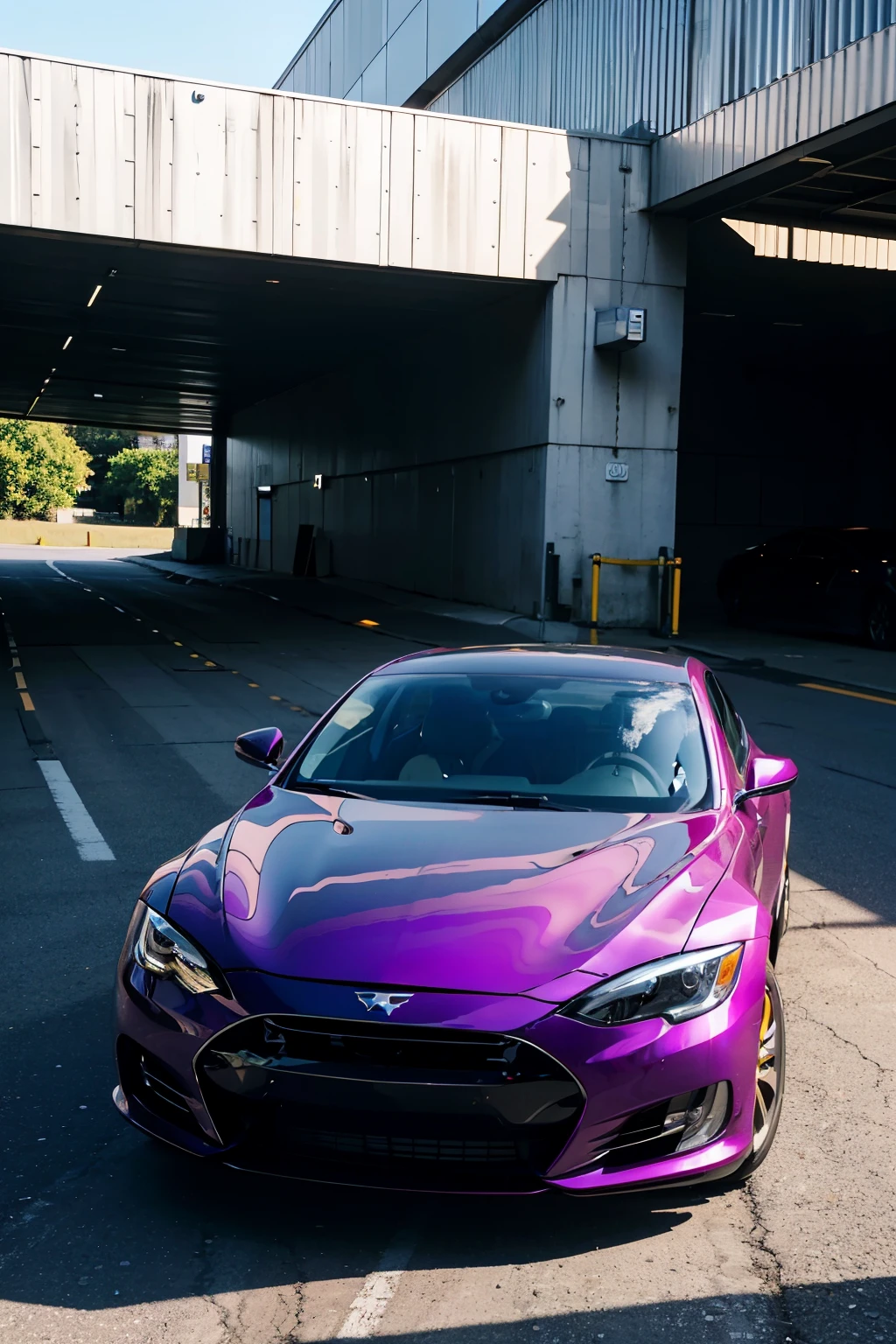 A sleek purple car stays on the road, its metallic gold body gleaming under the sun with a shiny finish. The car, model S750, moves steadily with a quiet yet powerful hum. The sun's rays reflect off its surface, casting a beautiful glossy sheen that enhances its elegant design. The car's paint job is impeccable, each curve and line visible in high resolution, showcasing the highest quality craftsmanship.