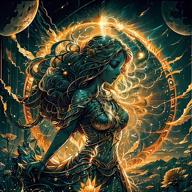 "Create an animated sequence of a celestial woman embodying the essence of the sun. She is ethereal and radiant, with her form and attire made from the vibrant, colorful rays of the sun. Begin with a scene showing the vast cosmos, where she emerges as a silhouette against the backdrop of distant stars. As the animation progresses, the sun's rays start to converge around her, forming a flowing, luminous dress that symbolizes warmth and light. Her movements are graceful and fluid, suggesting a dance with the cosmos. The rays of the sun should be animated to ripple and shimmer, giving the impression of constant motion and energy. The sequence should capture a sense of awe and beauty, highlighting her connection with the universe and the life-giving power of the sun."