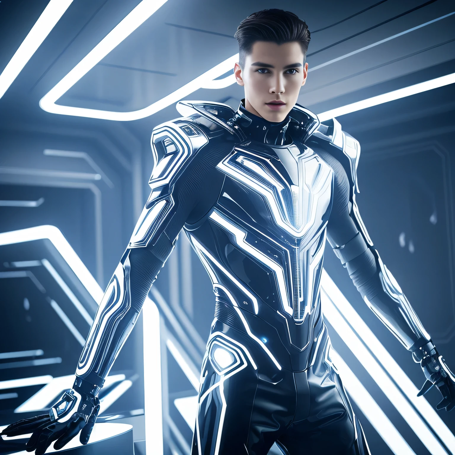 full body photorealistic handsome hunky fractal masculine Superman.. wearing a white diamond transparent crystal chrome glass super suit , look at camera, detailed face parts,, street as background, Freestyle Pose, Happy Expression, perfect anatomy, symmetric body,, 18 years old, :: high detail, a lean athletic body, realistic, human skin, extremely detailed fingers, chad chin,, masculine, human skin, (eyes contact), gorgeous, Attractive
