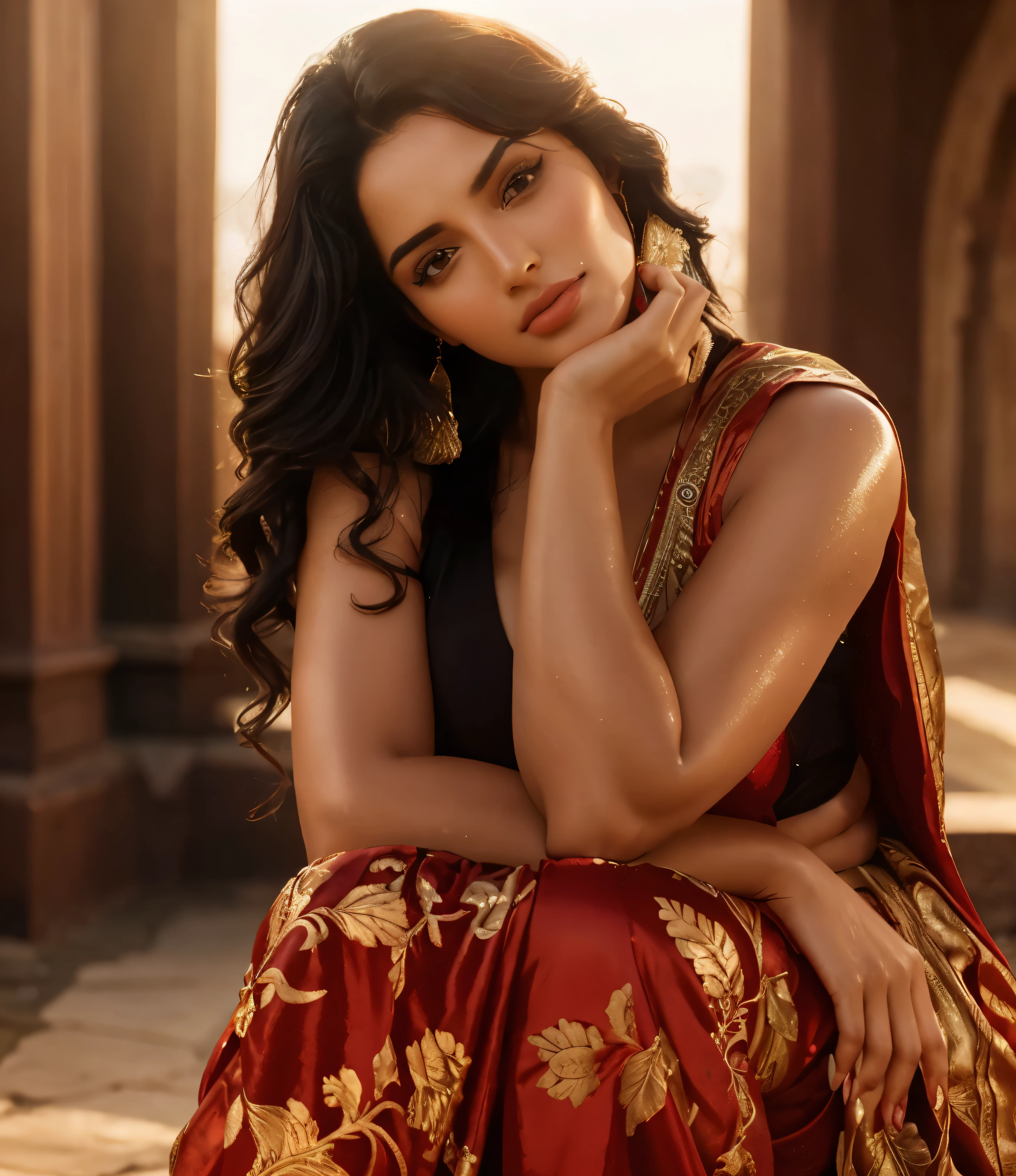 Bright background in outdoor. Red saree. Voluptuous and healthy, wet, black haired Kiara Advani in erotic, hot sexy pose. Sweaty, fair, body.  Beautiful exotic, stylish and looking hot, !!, fair complexion, stunning, glamorous, appealing figure. Thin waist, stylish and pose, shiny, Sweaty exotic skin, Busty Smooth body. Sexy, sultry look, fit hourglass figure, complete body nice, beautiful, fair complexion, stunning beautiful, exotic gorgeous lady, femme, goddess, most beautiful woman on earth, fantasy inspiration, goddess, gorgeous