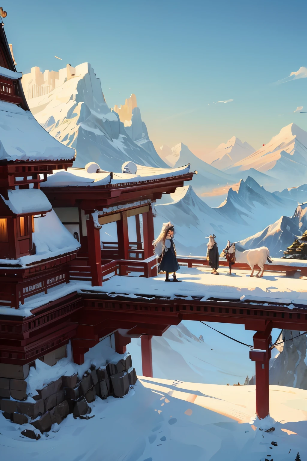Conceptual scenes unfold on a Sky Island, where snow-capped mountains touch the dreamlike magical sky. Indian Himalayan style buildings dot the landscape, their vibrant colors and ornate architecture contrasting against the pristine white snow. Children and adults of all ages, as well as older people, huddle together against the cold, domestic animals like cows, sheep, and goats joining them for warmth.
Majestic sacred beasts roam the land, their grand presence bridging the gap between the mountains and the seas. The National style aesthetic is inspired by the masterful works of Wu Junda and Ruan Jia, while Game Meixuan's concept-art inf
