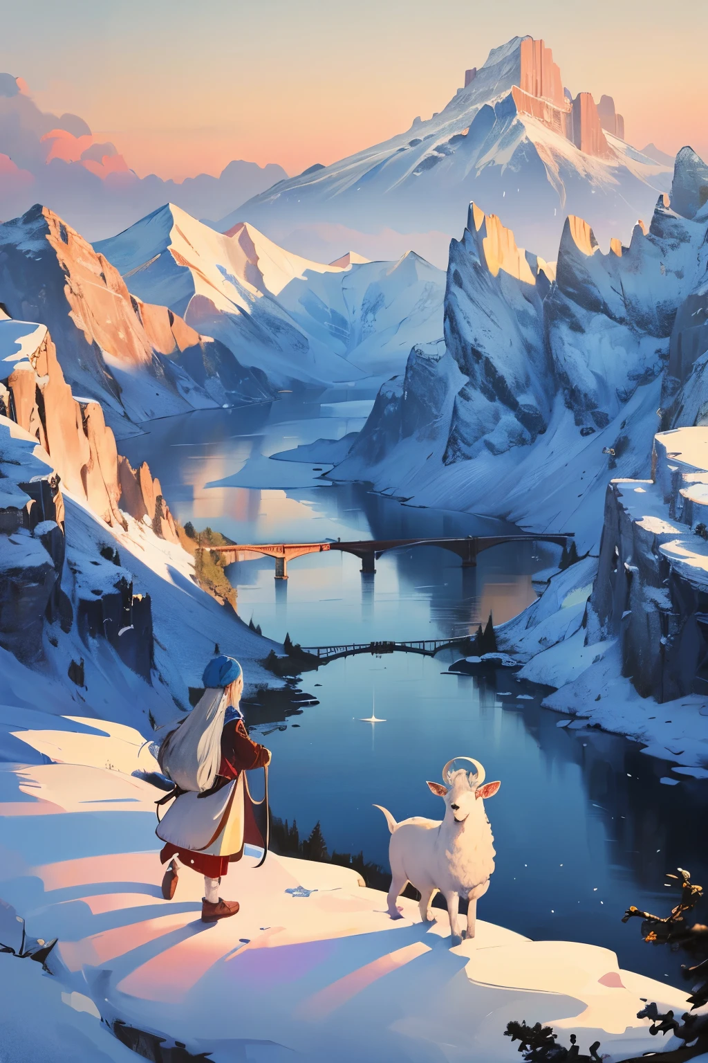 Conceptual scenes unfold on a Sky Island, where snow-capped mountains touch the dreamlike magical sky. Indian Himalayan style buildings dot the landscape, their vibrant colors and ornate architecture contrasting against the pristine white snow. Children and adults of all ages, as well as older people, huddle together against the cold, domestic animals like cows, sheep, and goats joining them for warmth.

Majestic sacred beasts roam the land, their grand presence bridging the gap between the mountains and the seas. The National style aesthetic is inspired by the masterful works of Wu Junda and Ruan Jia, while Game Meixuan's concept-art inf