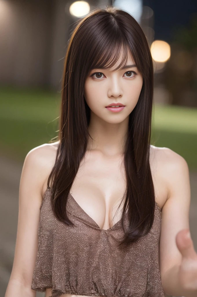 ((realistic lighting, highest quality, 8K, masterpiece: 1.3)), clear focus: 1.2, 1 girl, perfect body beauty: 1.4, slim abs: 1.1, ((dark brown hair, big: 1.3)), (hasten: 1.4), (outdoor, night: 1.1), street, super slender face, fine eyes, double eyelid, exposed cleavage, incredibly absurd, messy hair, floating hair,