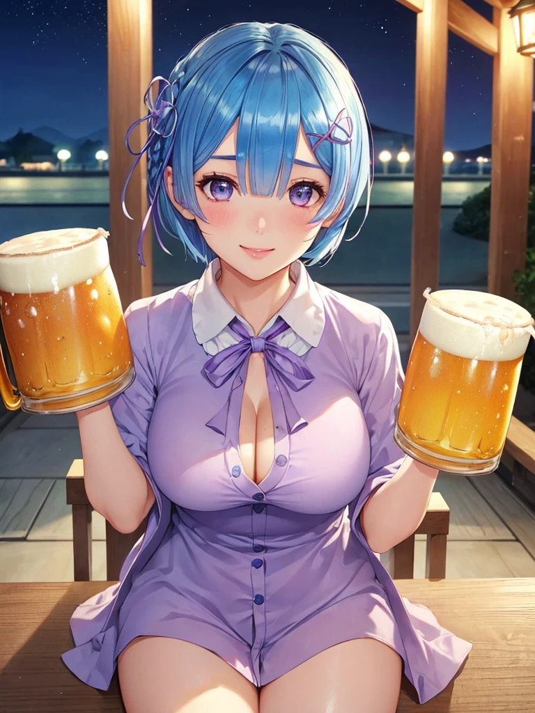((Rem,re zero, blue hair,short hair)),first person perspective, (masterpiece:1.3), High resolution, Super detailed, very detailed, realistic, beautiful detailed face, white skin, realistic glistening skin, fine cloth texture, detailed hair texture, perfect body, beautiful face, Accurate, anatomically correct, very detailed顔と肌の質感, natural neck length, (beautiful hands), (Fair skin:1.2), aligned teeth,
fine eyes, symmetrical eyes, light brown eyes, double eyelid, thin eyebrows, (glossy lips:1.4), (very happy smile:1.2), (blush:1.1),
(classy and cute girl:1.3), (Wearing a purple button shirt:1.2), close button,
big breasts, (slender body shape:1.1), toned abdominal muscles, beautiful clavicle,
((asymmetrical bangs:1.2)),
((Holding a medium beer mug、Cheers with cheers:1.3)),
(sitting in a chair:1.1), (in the outdoor 'Biergarten' of Japan at night)), (night), (night), (night), (cowboy shot:1.2), looking at the viewer, View from slightly below,