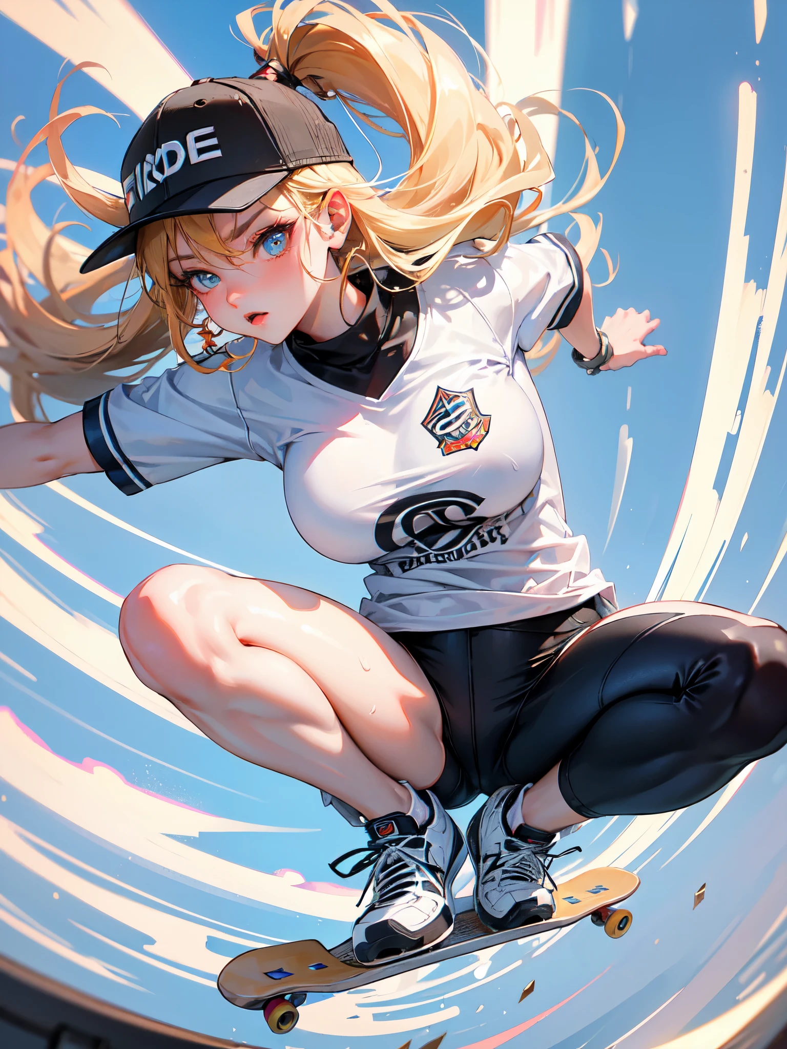 high quality,hd,16k,sharp line,1girl,female skateboard athlete ,cute face, large breasts, nice legs,hold a skateboard, sweat,in skateboard venue,focus girl,detailed beautiful face,detailed clothes,beautiful eyes,pretty,dynamic angle